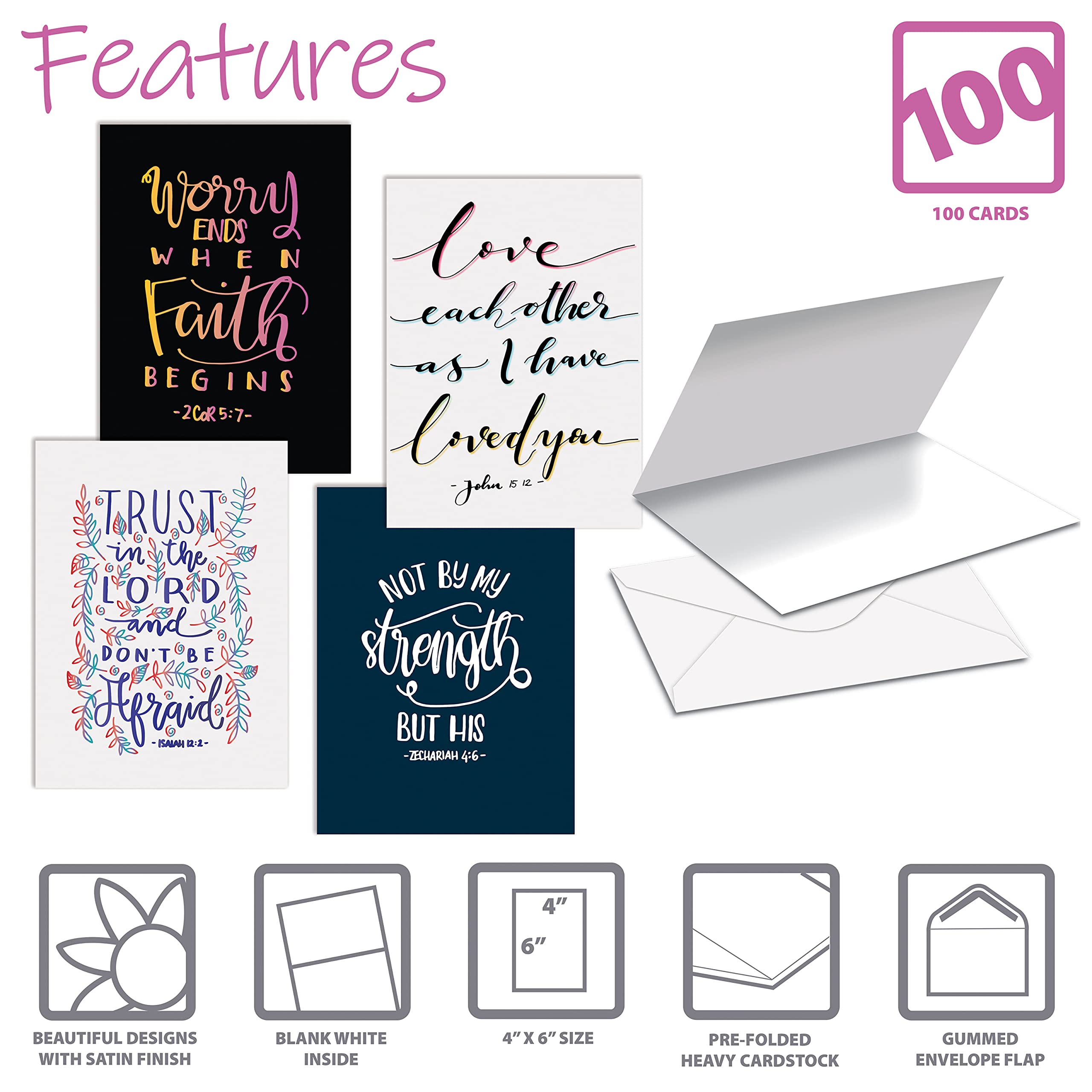 Better Office Products Religious Bible Verse Inspirational Cards, 100-Pack, 4 x 6 inch, 4 Cover Designs with Bible Quotes, Blank Inside, Encouragement Cards, with Envelopes, 100 Pack - Image 3