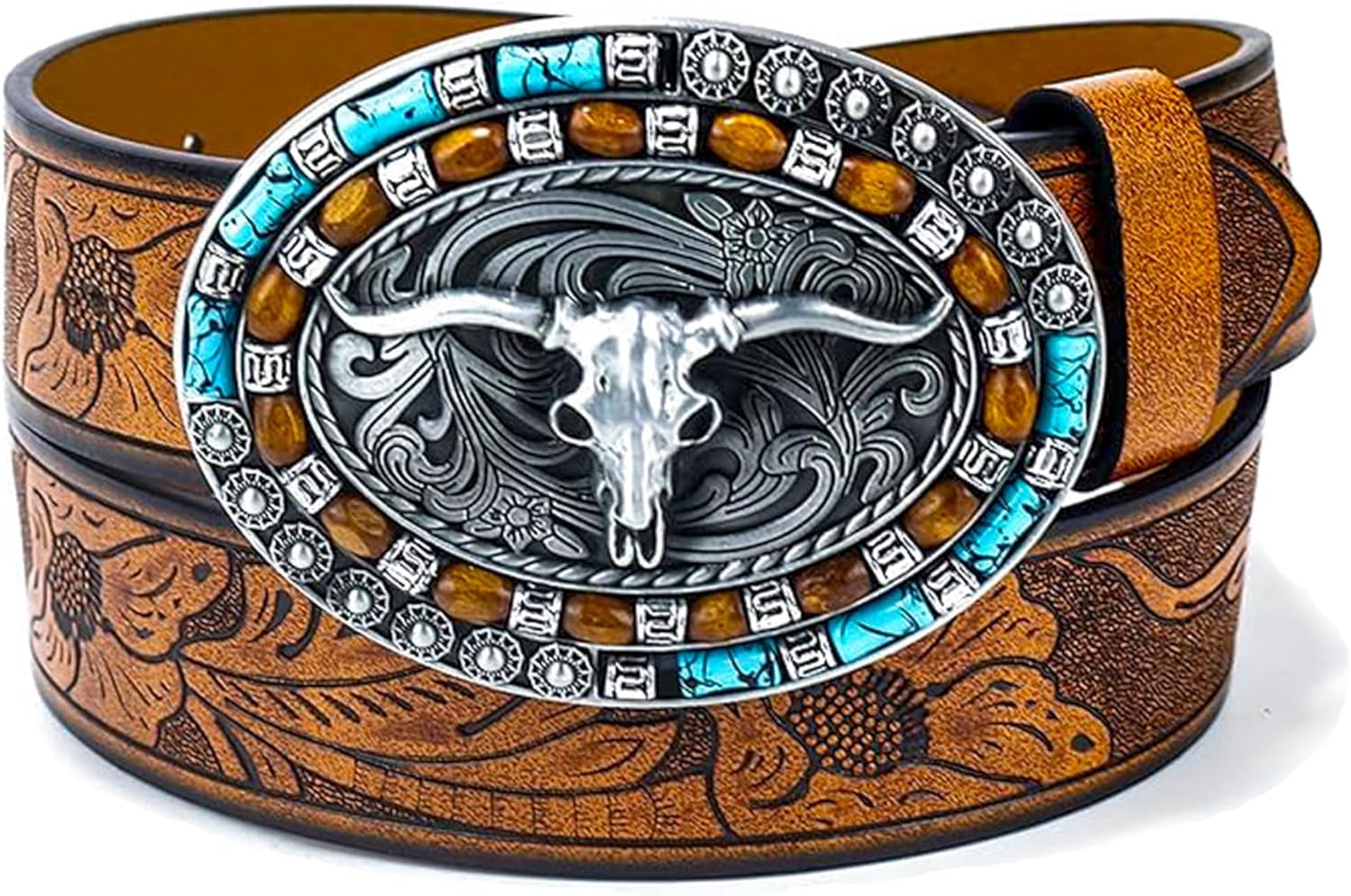 Belt Buckle Turquoise Western Longhorn Bull Design For Men