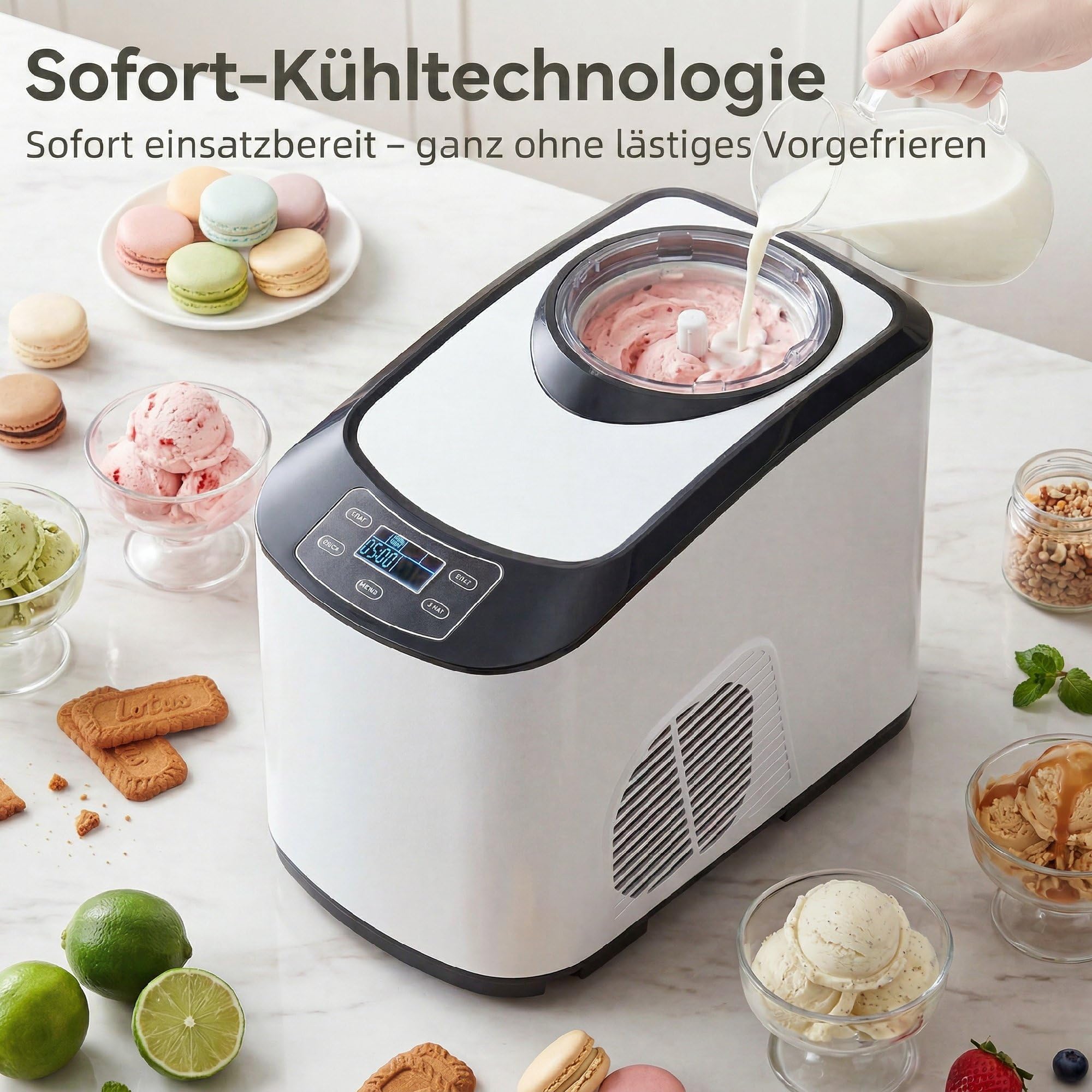 HOMCOM Eismaschine 1,5L mit Soft-Eis-Modus & Hart-Eis-Modus LCD Display | Eiscrememaschine, Speiseeisbereiter, Frozen Eisbereiter Speiseeismaschine, Messbecher, Schaufel, 45 Min., DIY Eiscreme