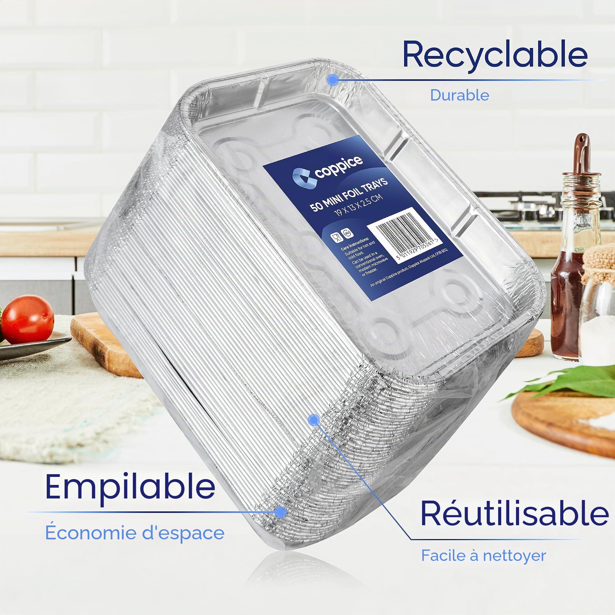 Coppice Mini Barquettes Aluminium 19x13x2,5 cm - Lot de 50 | Jetables, Cuisson, BBQ, Congélation, Four, & Friteuse à air | Aluminium Alimentaire Recyclable, Réutilisable