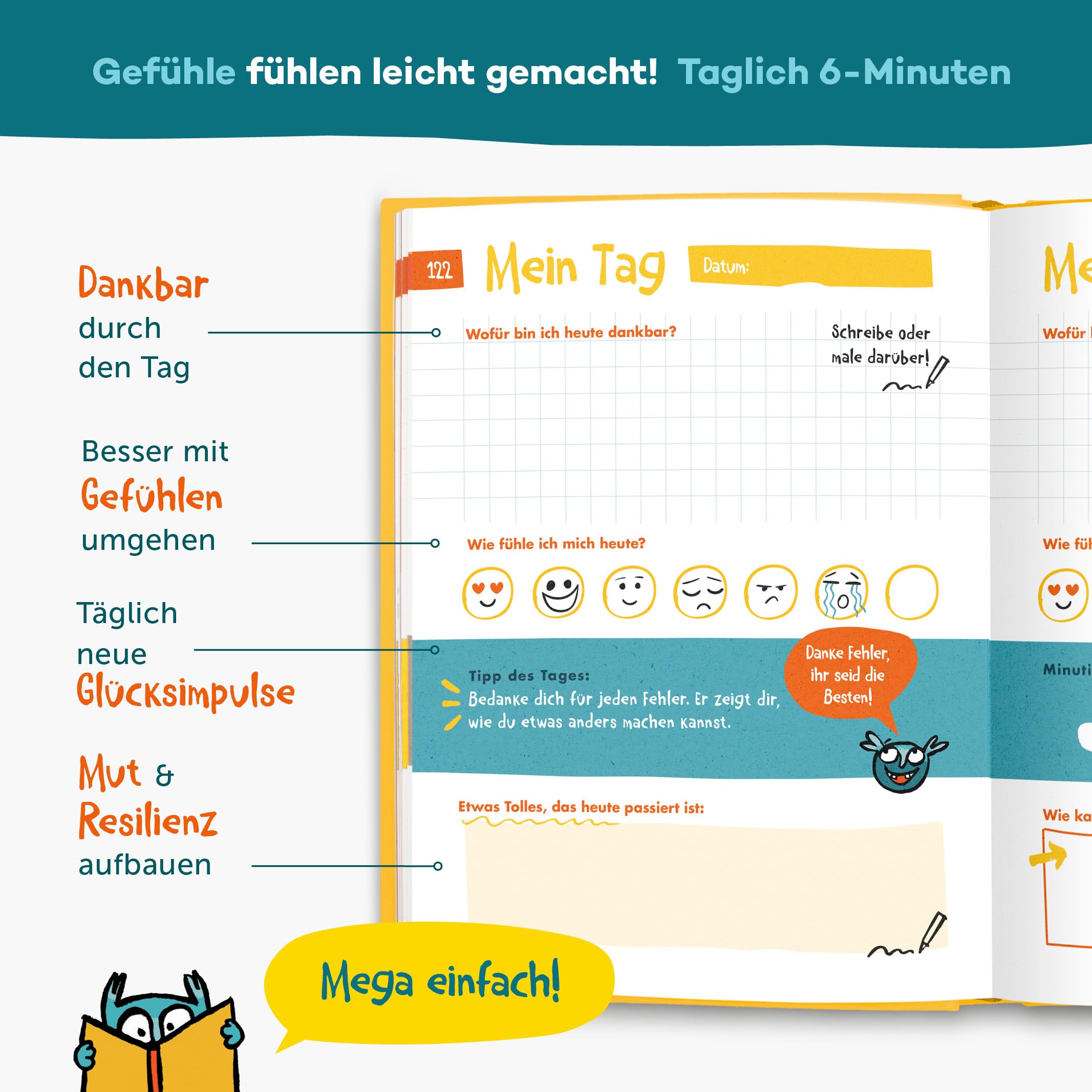 6-Minuten Gefühlstagebuch Kinder 6-12 Jahre - Gefühle verstehen, Selbstbewusstsein & Achtsamkeit aufbauen - Tagebuch Mädchen & Jungs - Gefühle Buch
