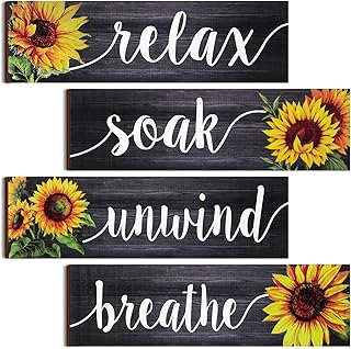 Jetec 4 Pieces Farmhouse Bathroom Wall Decor Signs Relax Soak Unwind Breathe Signs Rustic Sunflower Bathroom Wall Art Bathroom Wooden Signs Sunflower Wall Plaque Vintage Decor for Home (Gray)