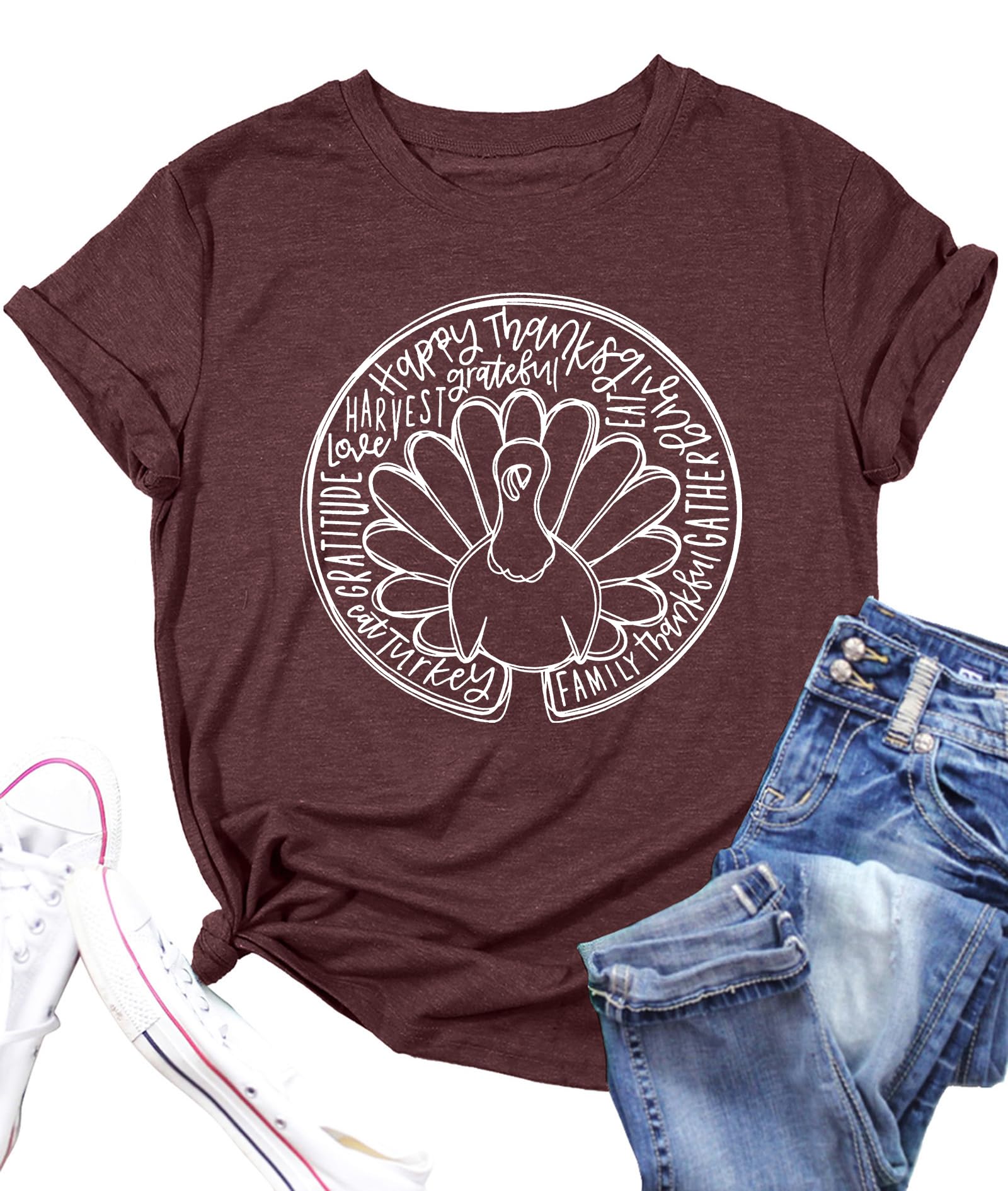 PECHARThanksgiving Shirt for Women Turkey Print T-Shirts Thankful Fall Short Sleeve Tee Tops