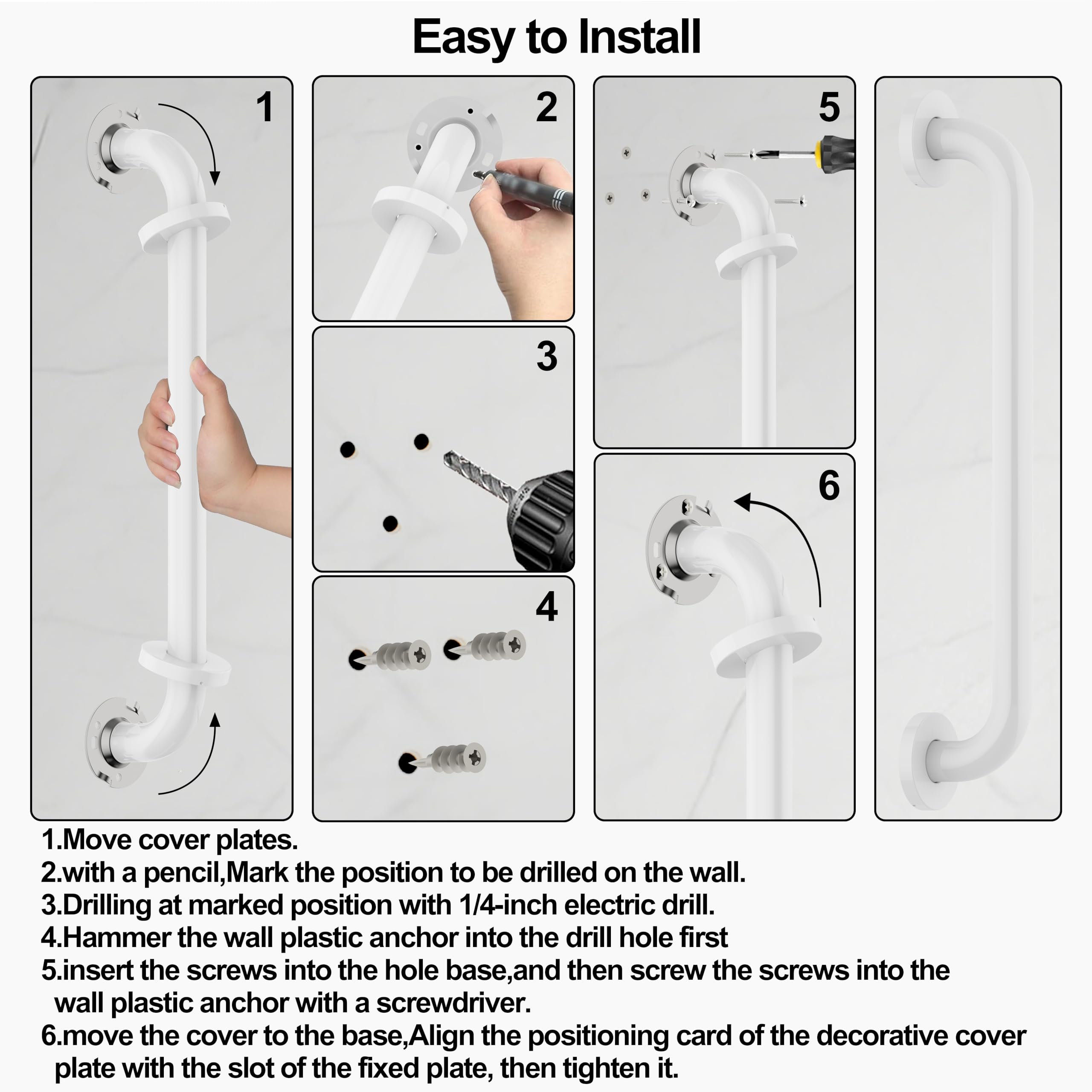 Barra di sostegno da 40,6 cm in acciaio inossidabile 304, antiscivolo, per bagno, corrimano di sicurezza per bagno, doccia, WC, supporto per disabili anziani, GB-4023-WH, bianco