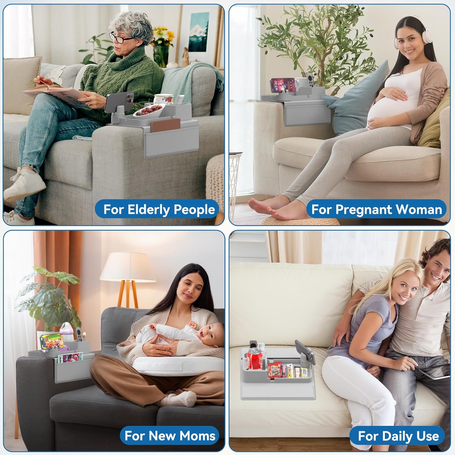 Couch Arm Cup Holder CLESOO Couch Arm Tray Anti-Slip Couch Cup Holder Silicone Sofa Armrest Tray Dual Side Pocket Couch Drink Holder Sofa Caddy Arm Remote Holder Snack Caddy with Phone Holder Grey - Image 7