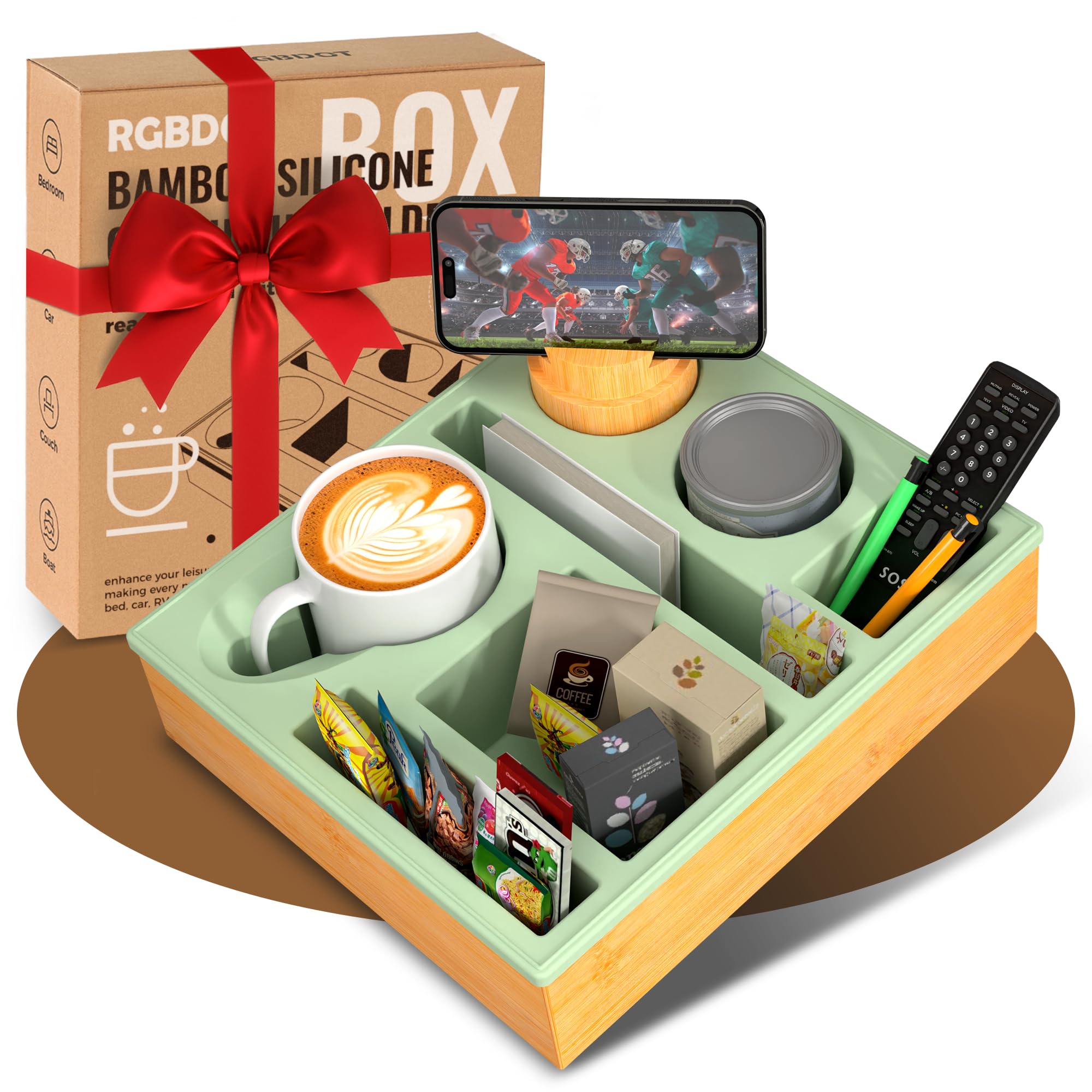 Portabicchieri – Organizer per divano, in silicone, da spiaggia, con portabevande e portabevande e vassoio per divano, tavolo per snack, telecomando per bevande (verde)