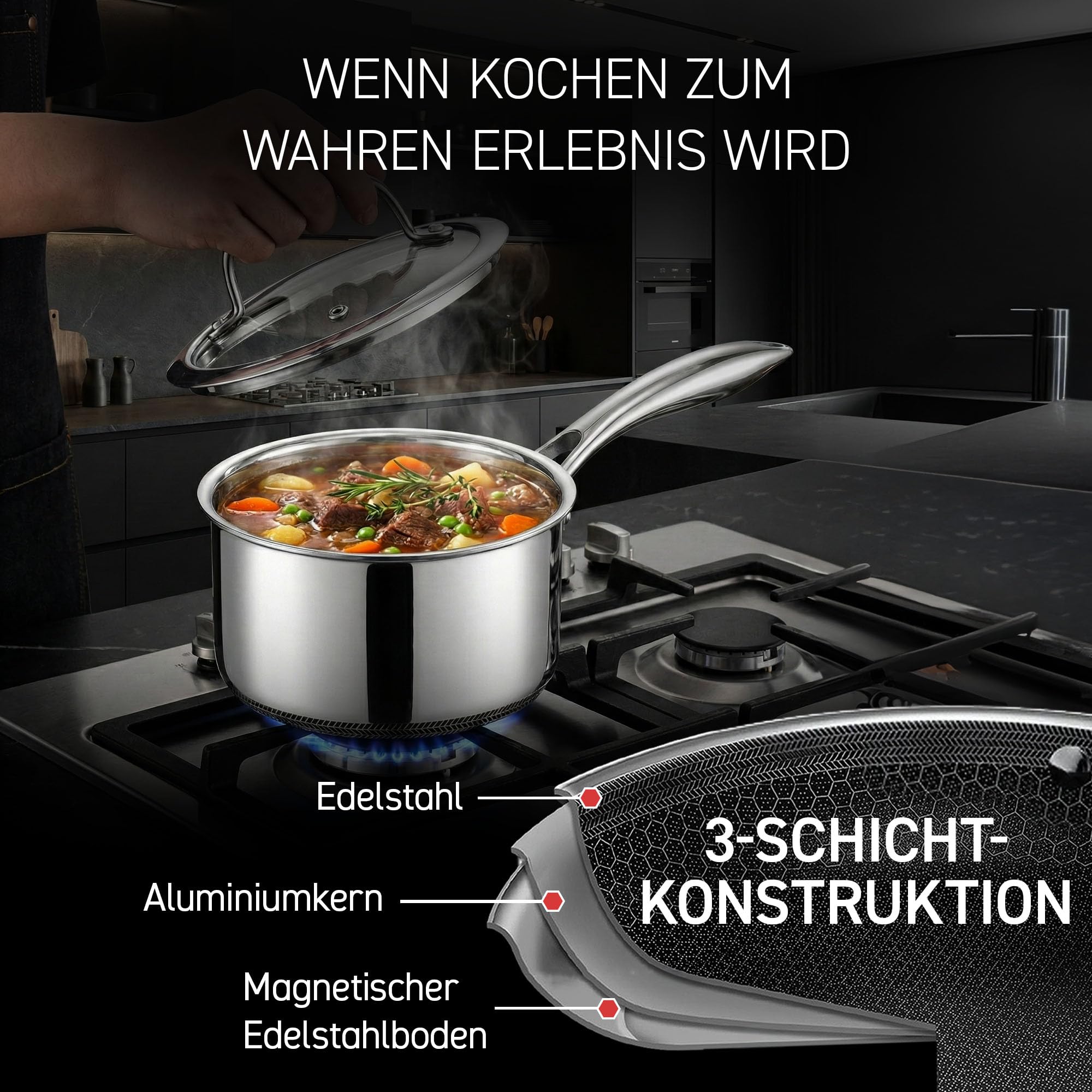 HexClad Hybrid-Topf mit Deckel 1 l – Kochtopf mit Deckel aus gehärtetem Glas – Suppentopf für alle Herdarten – Antihaftbeschichteter Topf mit Wabenstruktur – Stieltopf ofen- & spülmaschinenfest