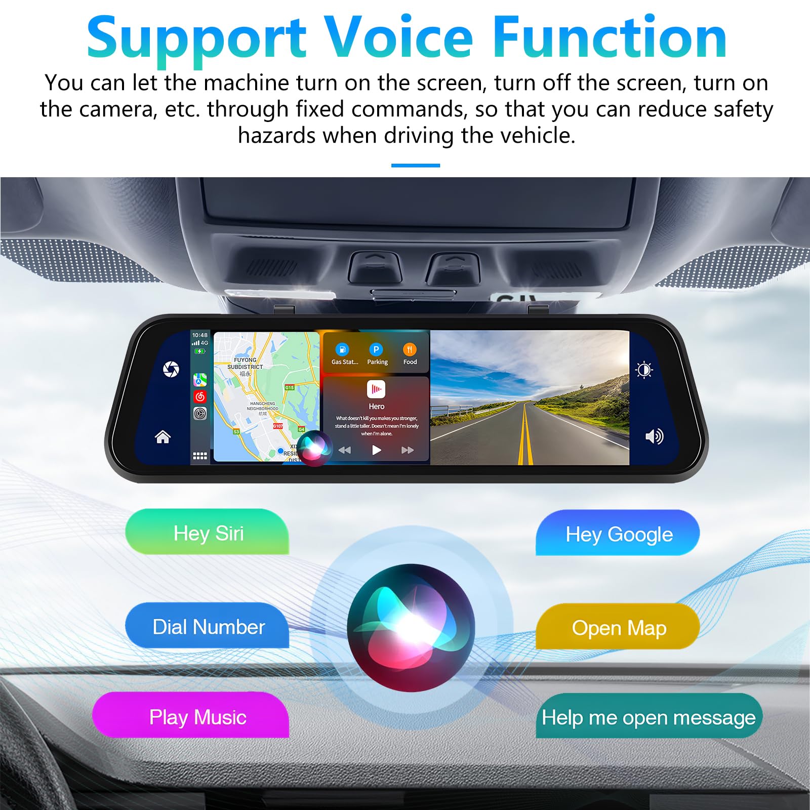 Podofo Lusterko samochodowe z bezprzewodową kamerą samochodową Apple Carplay, Android z kamerą cofania HD, ekran dotykowy IPS 9,66 cala, podwójne lusterko wsteczne 1080P, kamera samochodowa, 2