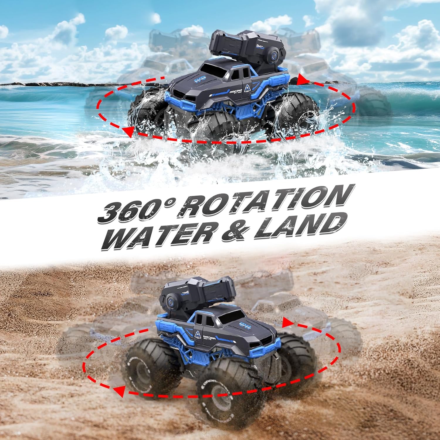 Amphibious Remote Control Car Boat Water Squirt RC Tank 2.4GHz Gesture Sensor 4WD Monster Truck Waterproof RC Car for 6 7 8 9-12 Kids Girls Boys Gift Beach Pool Water Toy With 2 Replaceable Batteries