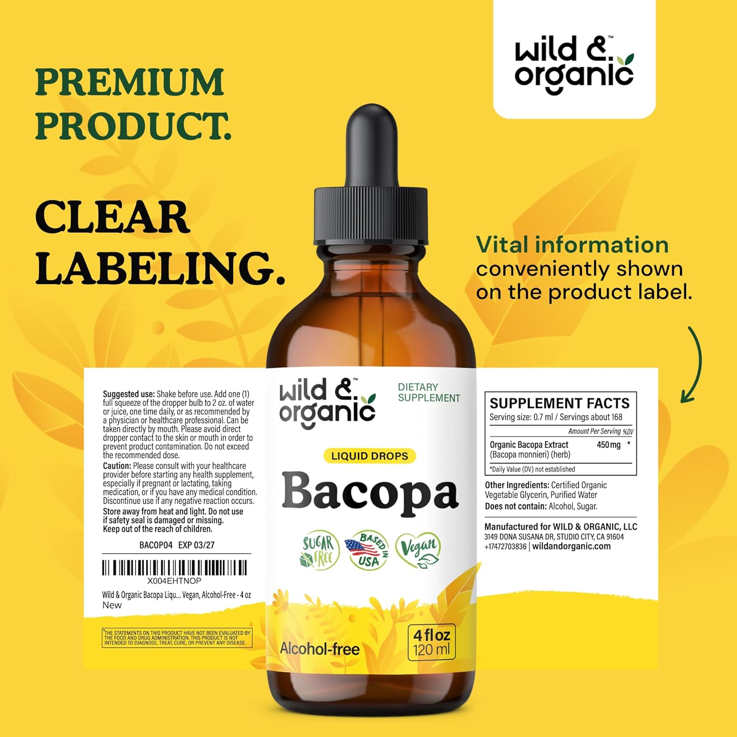 Wild & Organic Bacopa Liquid Drops - Herbal Tincture for Brain Support - Vegan Supplements with Bacopa Monnieri Extract Liquid - 5-Month Supply - Sugar & Alcohol-Free - 4 fl oz - Image 9