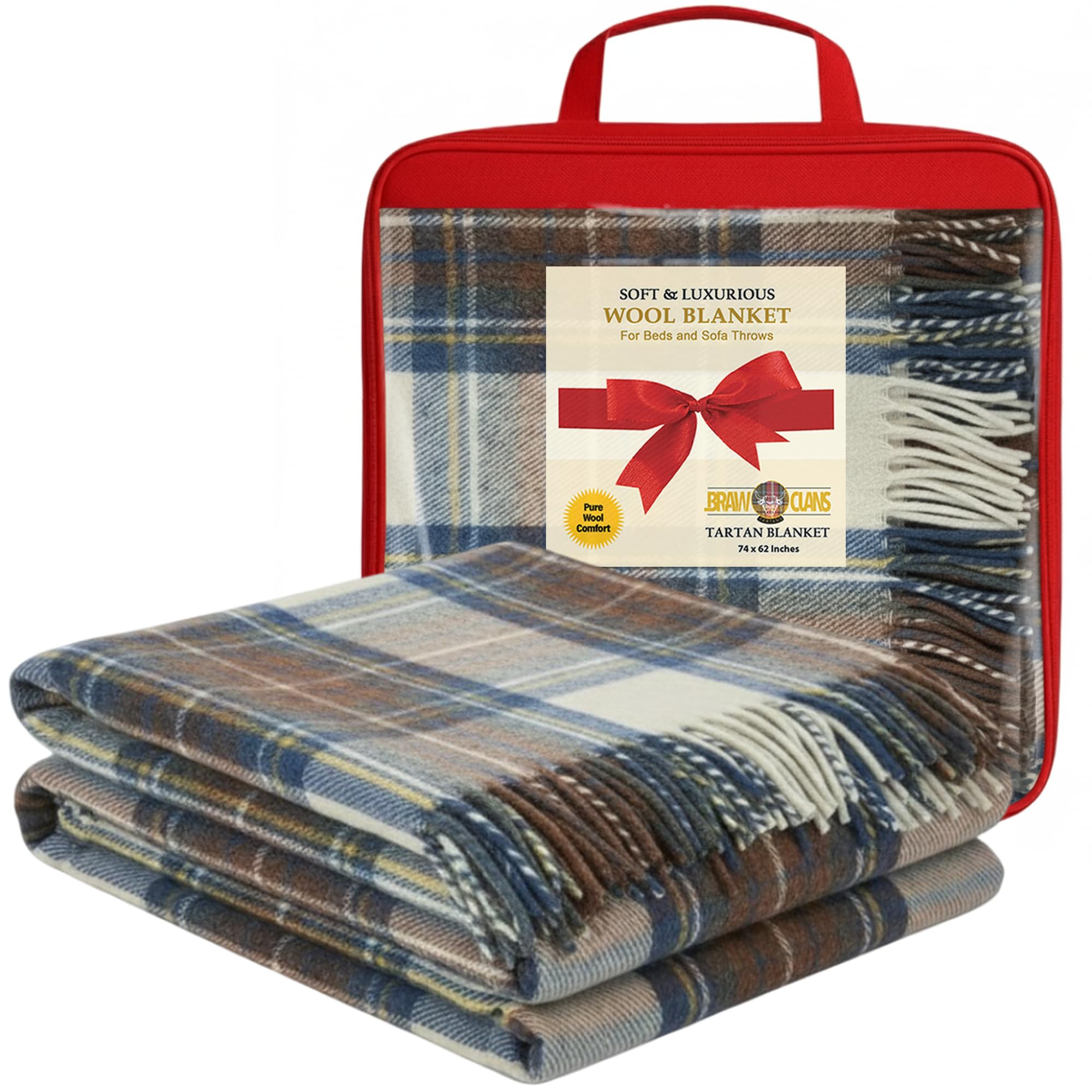 Luxurious Wool Tartan Blankets for beds, Sofa throws - Stewart Muted Blue Tartan - warm large size 74x62 Inches, Fringed edges - Scottish plaid check Soft Cozy Rug - Mothers day, Wedding gifts