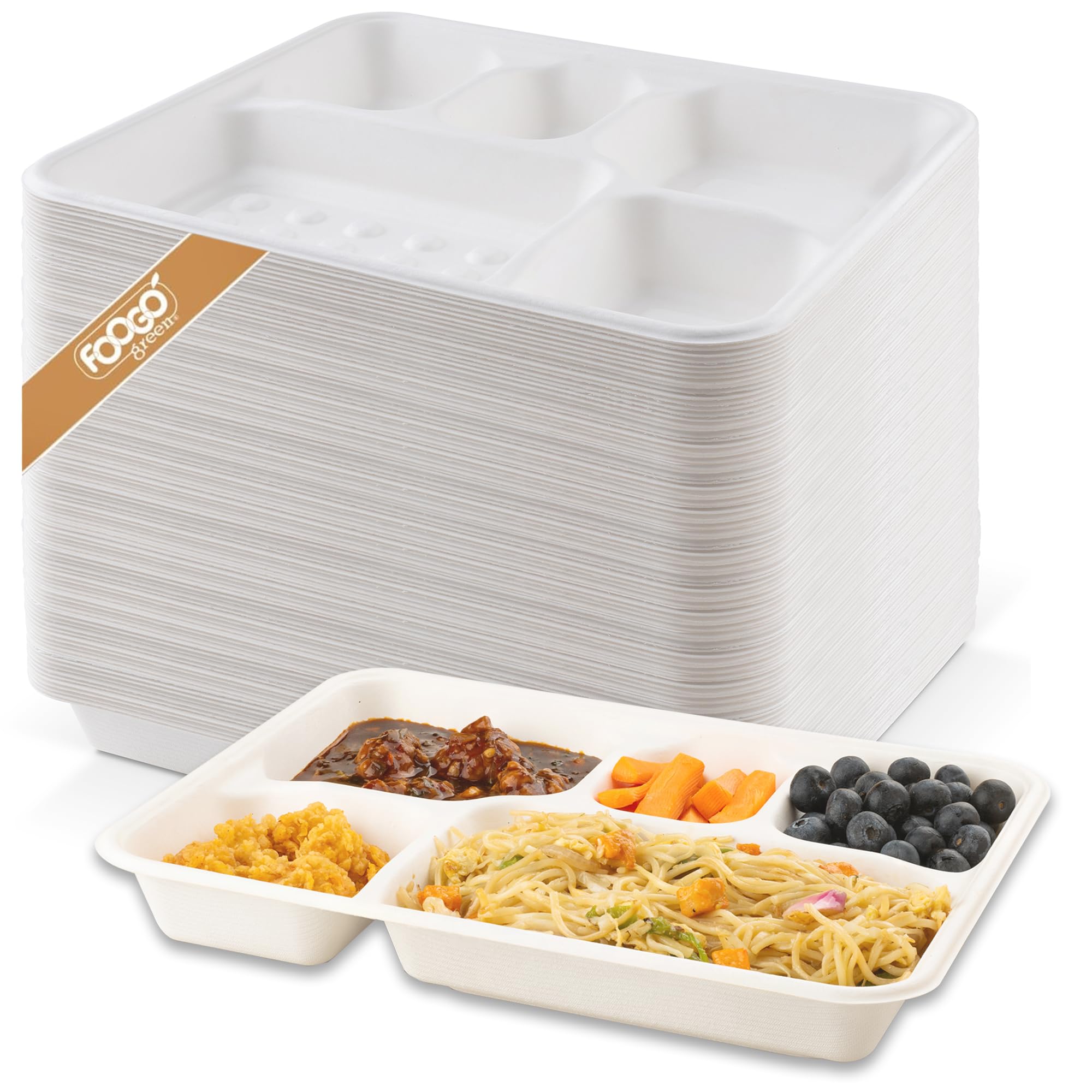 FOOGO Green 1000pcs Large Disposable Plates with compartments, 28x21 inch 5 Deep Compartments, Sugarcane Bagasse Paper Trays, Divided Plates for Hot Food, Portion Control — image 1
