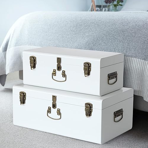 Miniatura 7 de Vixdonos Juego de 2 cajas de almacenamiento decorativas de metal para dormitorio universitario con asa (blanco con cierres de bronce)
