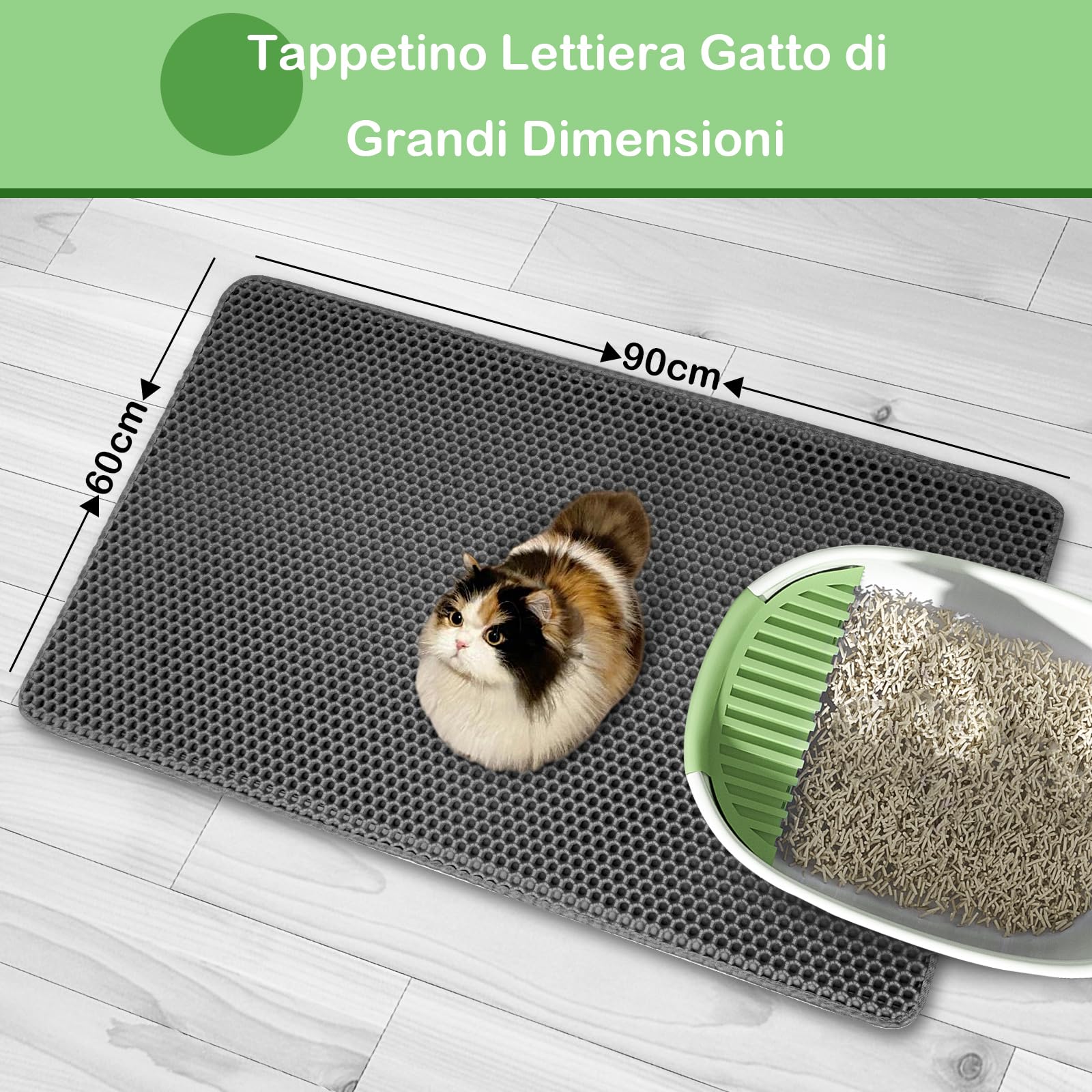 Tappetino Lettiera Gatto Taglia Grande 90 x 60 cm EVA Doppio Strato a Nido D'ape Tappeto Lettiera Gatto Impermeabile, Grigio