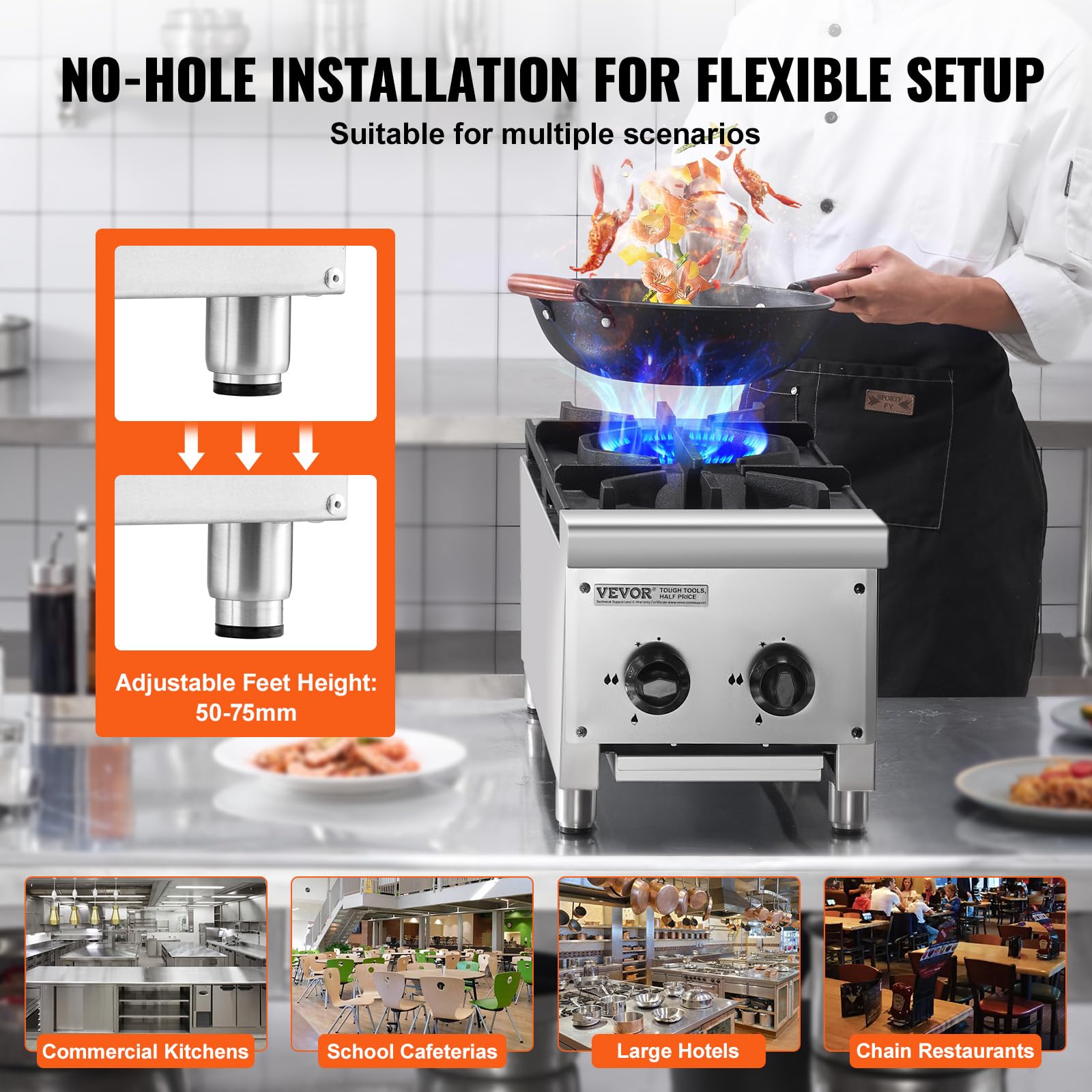 VEVOR Cuisinière à Gaz Commerciale avec 2 Brûleurs, Plaque de Cuisson de Comptoir au Propane et au Gaz Naturel, 14 kW, en Acier Inoxydable, Équipement de Cuisson Commercial pour Restaurant Domicile
