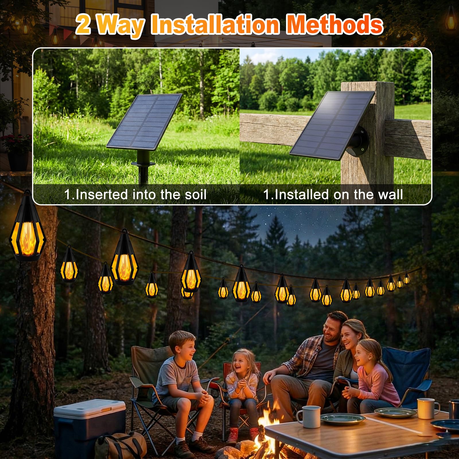 Vivideal Solar-Lichterkette für den Außenbereich, wasserdicht, 15 m, Solar-Terrassenlichter mit 15 flackernden Flammen, solarbetriebene Lichterkette für den Außenbereich, Garten, Hinterhof, Pavillon