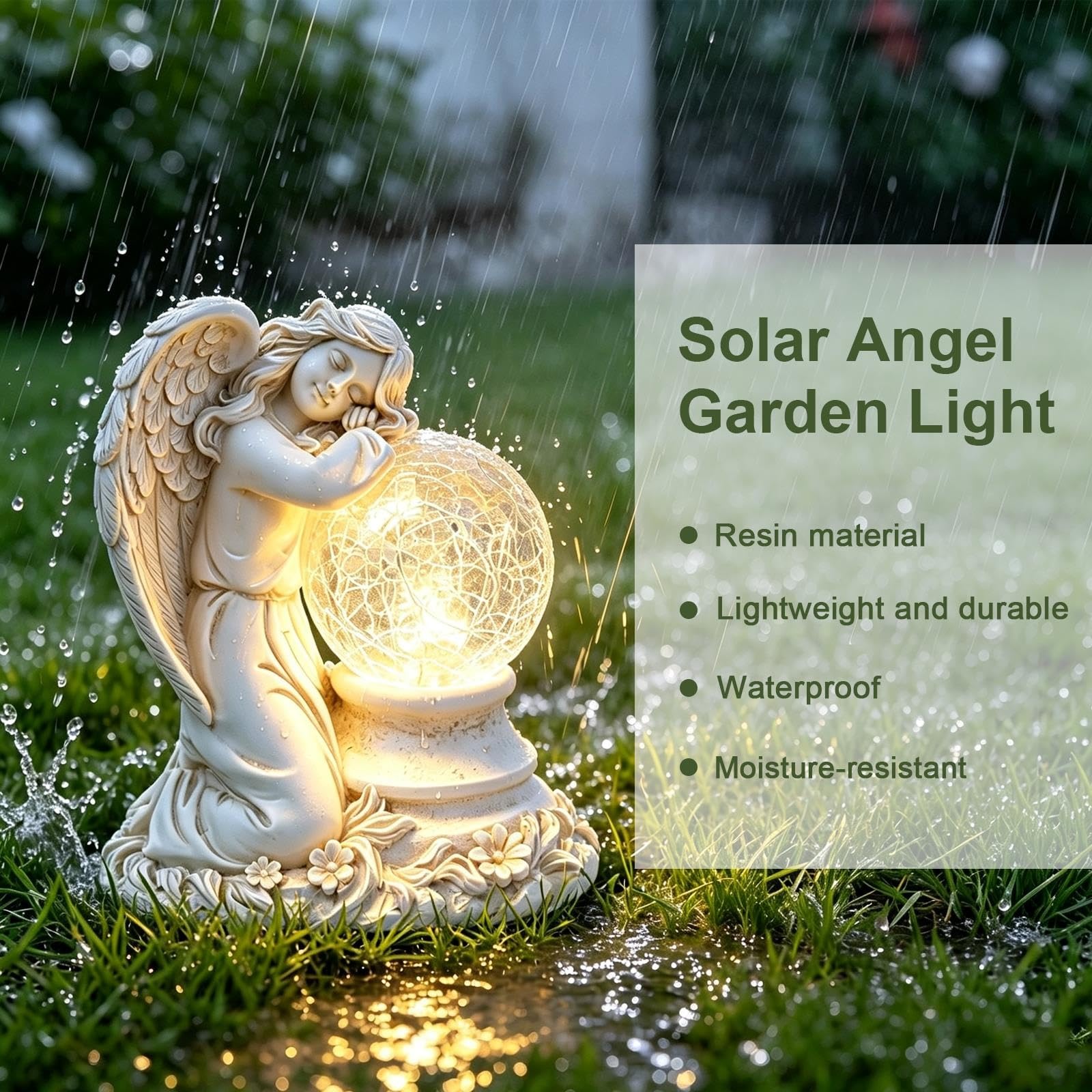 Statue da Giardino a Forma di Angelo con Sfera Vetro Crepato e Luce Solare