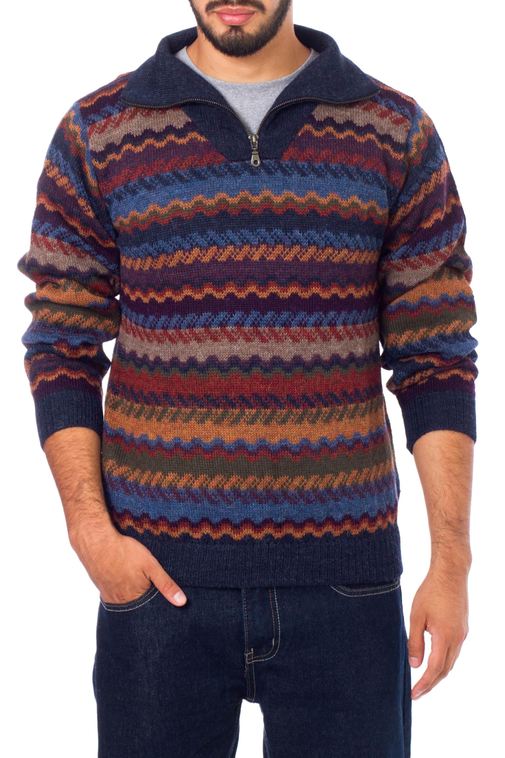 NOVICA Artisan Handmade Men's Alpaca Wool Striped Zip Collar Pullover
