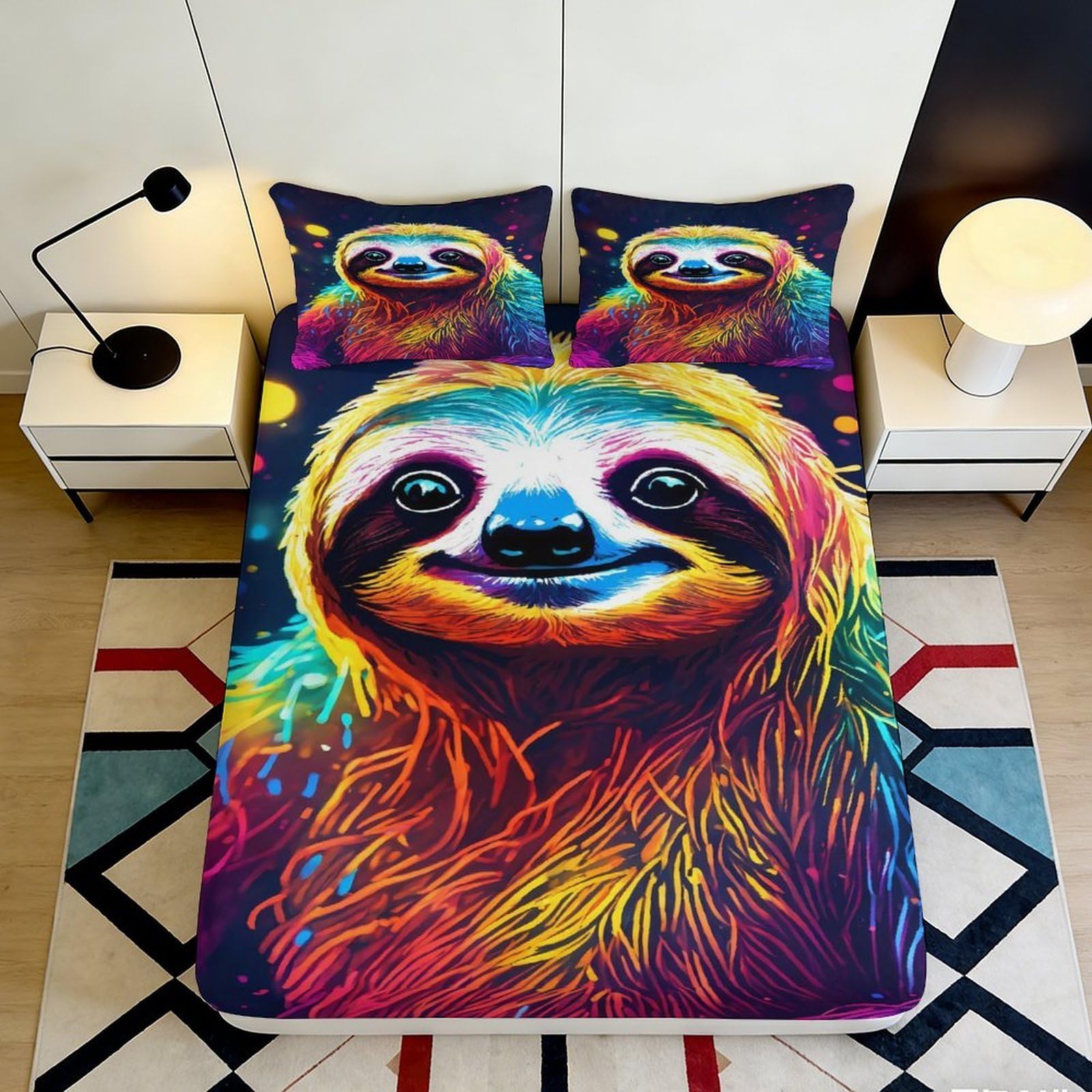 3D Printed Colorful Sloth Fitted Sheet Microfiber Soft Mattress Cover for Bedroom Dorm Protector, Machine Washable, Art Decor 120x200x25cm
