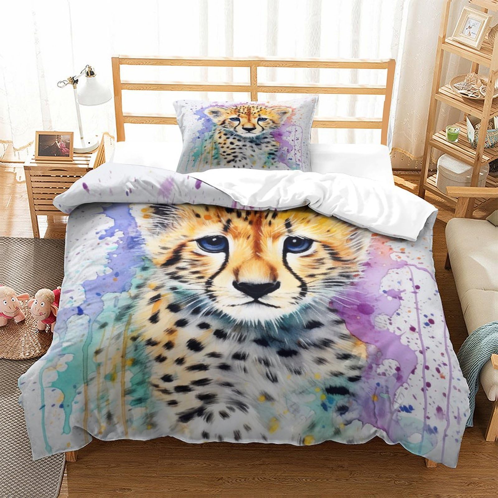 P1S9U7W5Y Watercolor Cheetah 3D Printed Duvet Cover Set 3 Pieces Microfiber Bedroom Decor Wild Animal Bedding Set for Adults Teens Single（135x200cm）