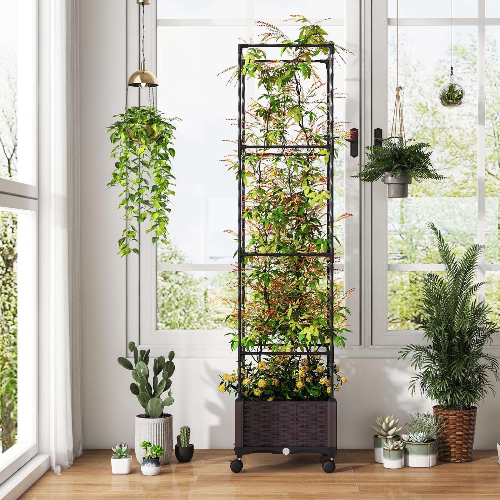 GOPLUS Jardinière avec Treillis Jardin pour Plantes Grimpantes, Obélique avec Carré Potager Pot,Cage à Tomates à roulettes 4 Hauteurs 170/130/90/50CM 40 x 40 x 32CM