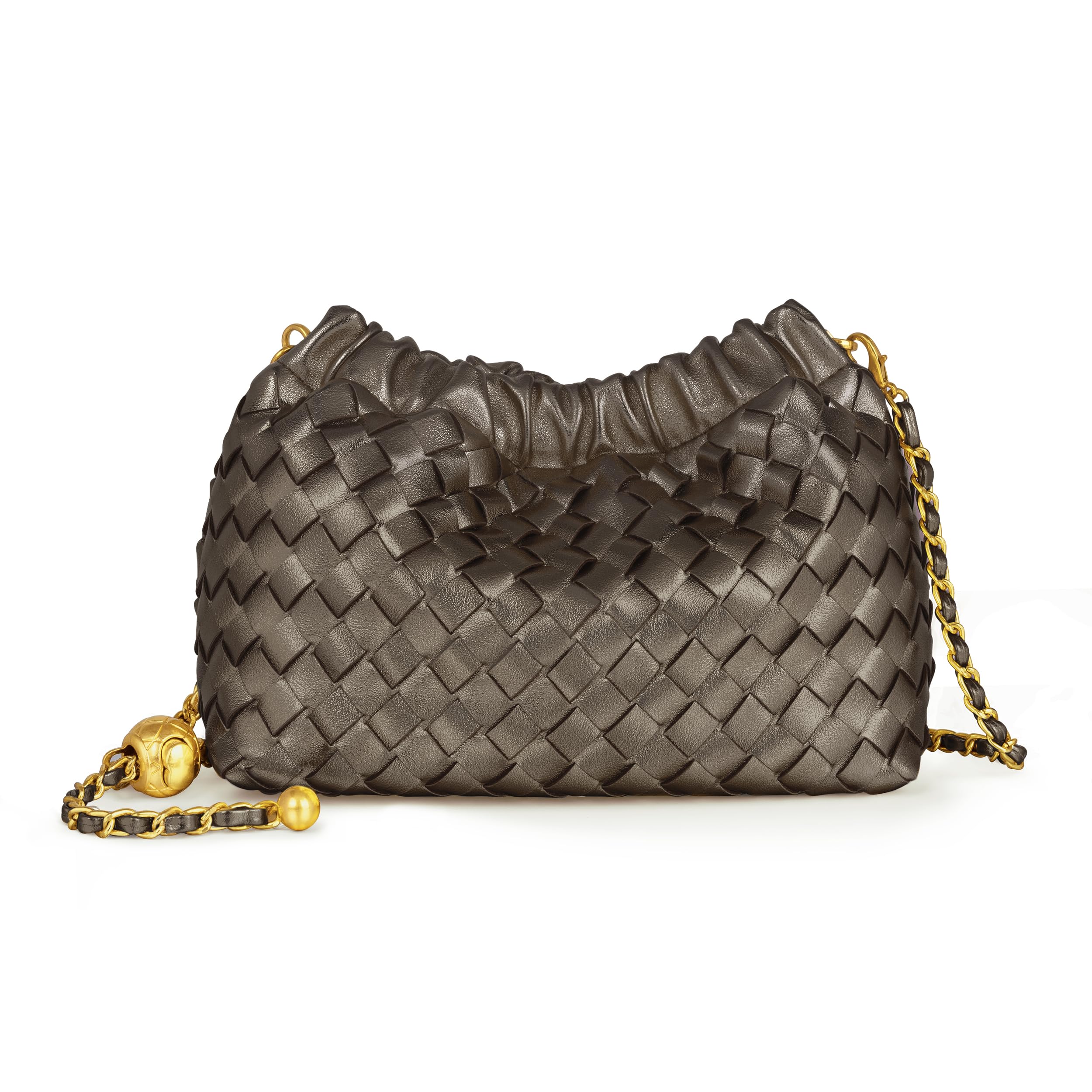 Joryin Woven Women's Crossbody Bag & Evening Purse, Trendy Dumpling Clutch & Hobo Cloud Shoulder Bag Trendy Dumpling Clutch, Woven Leather-metallic Taupe