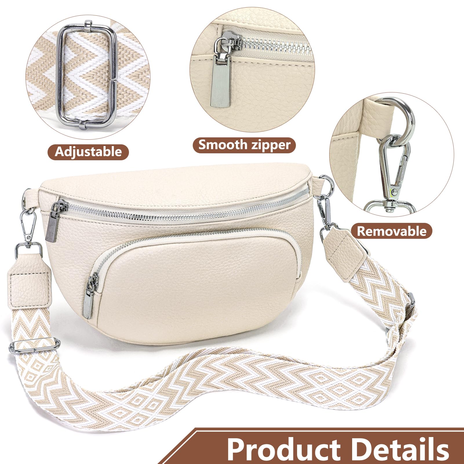 Rorimyth Sac Banane Femme Bandoulière Beige Petit Sacoche Femme bandoulière Cuir Vegan Sac bandouliere Tendance Sacs Banane Ville