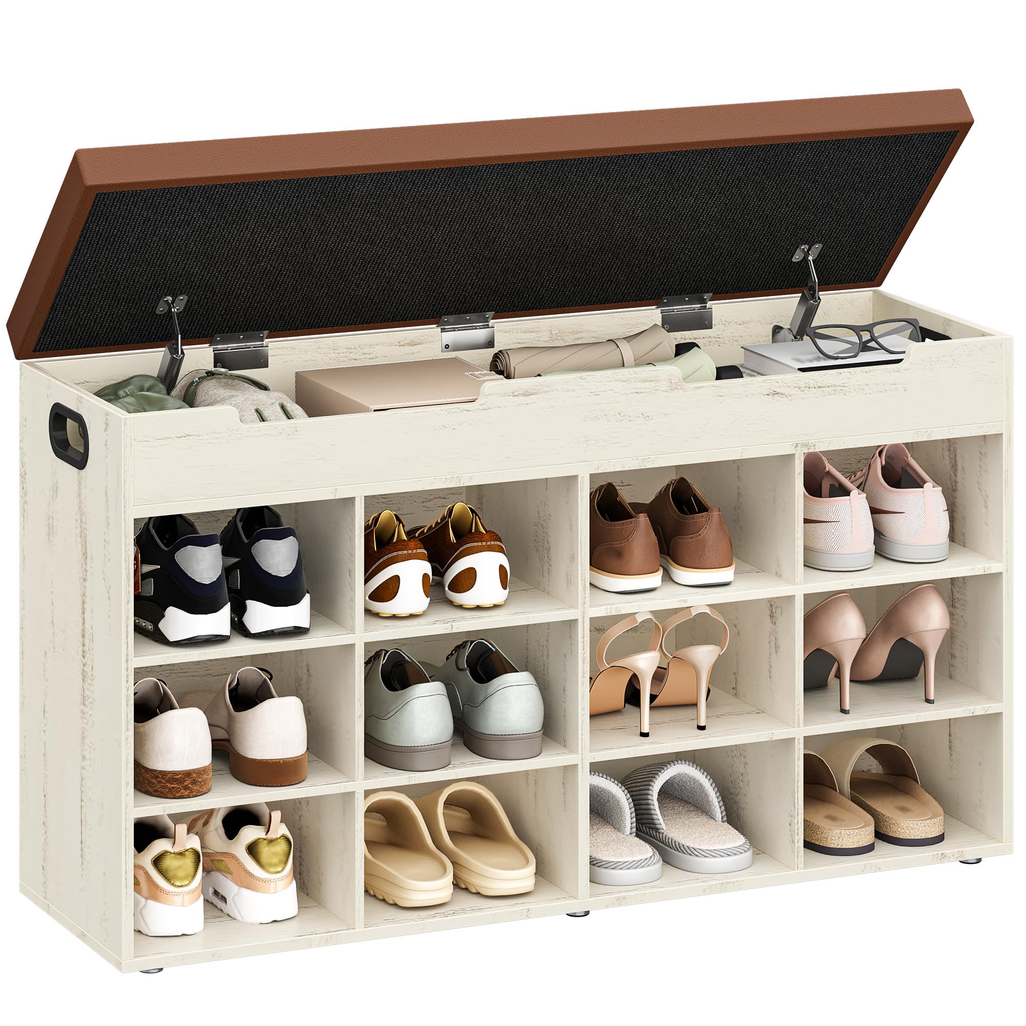 Hzuaneri Banco Zapatero, Zapatero con Asiento, Banco con Espacio de Almacenamiento, 12 Compartimentos, Estantes Extraíbles, Edecuado para Salón, Pasillo, Entrada 30 x 100 x 55,4 cm Marrón y Blanco