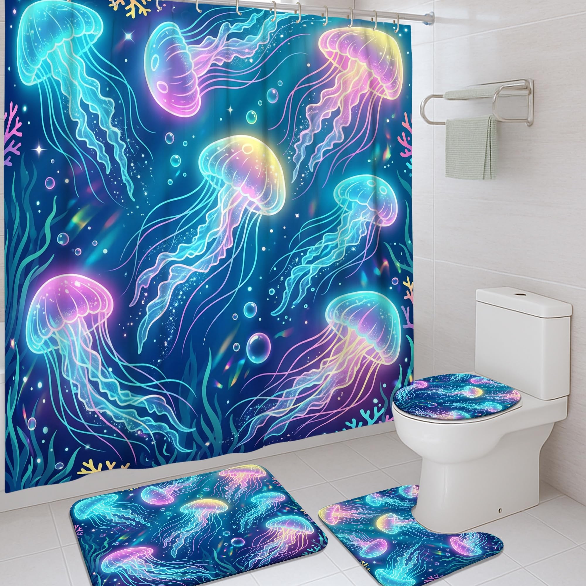 Rideau de douche lavable méduse corail bleu avec tapis anti-éclaboussures