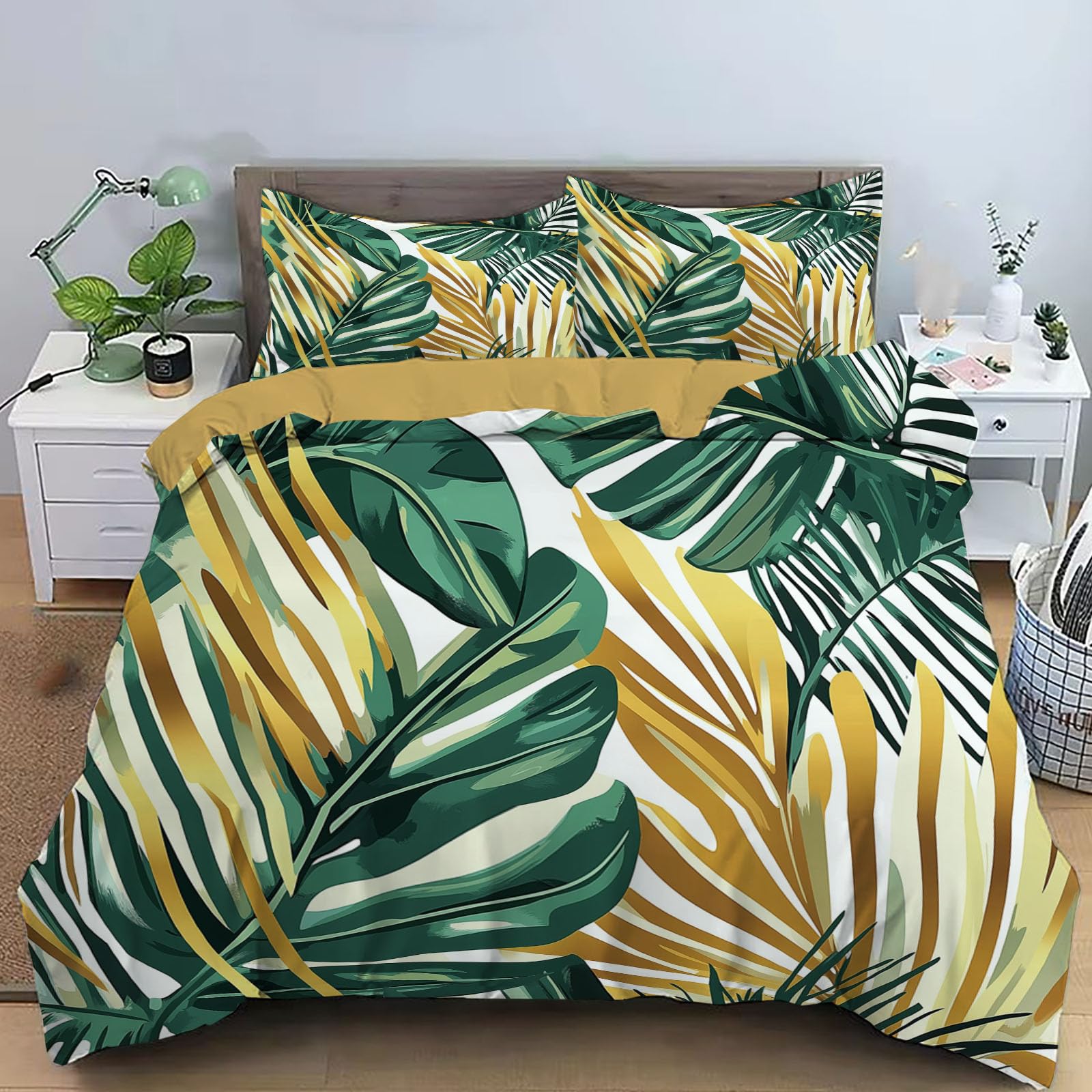 Housse de couette vert doré géométrique pour chambre cosy