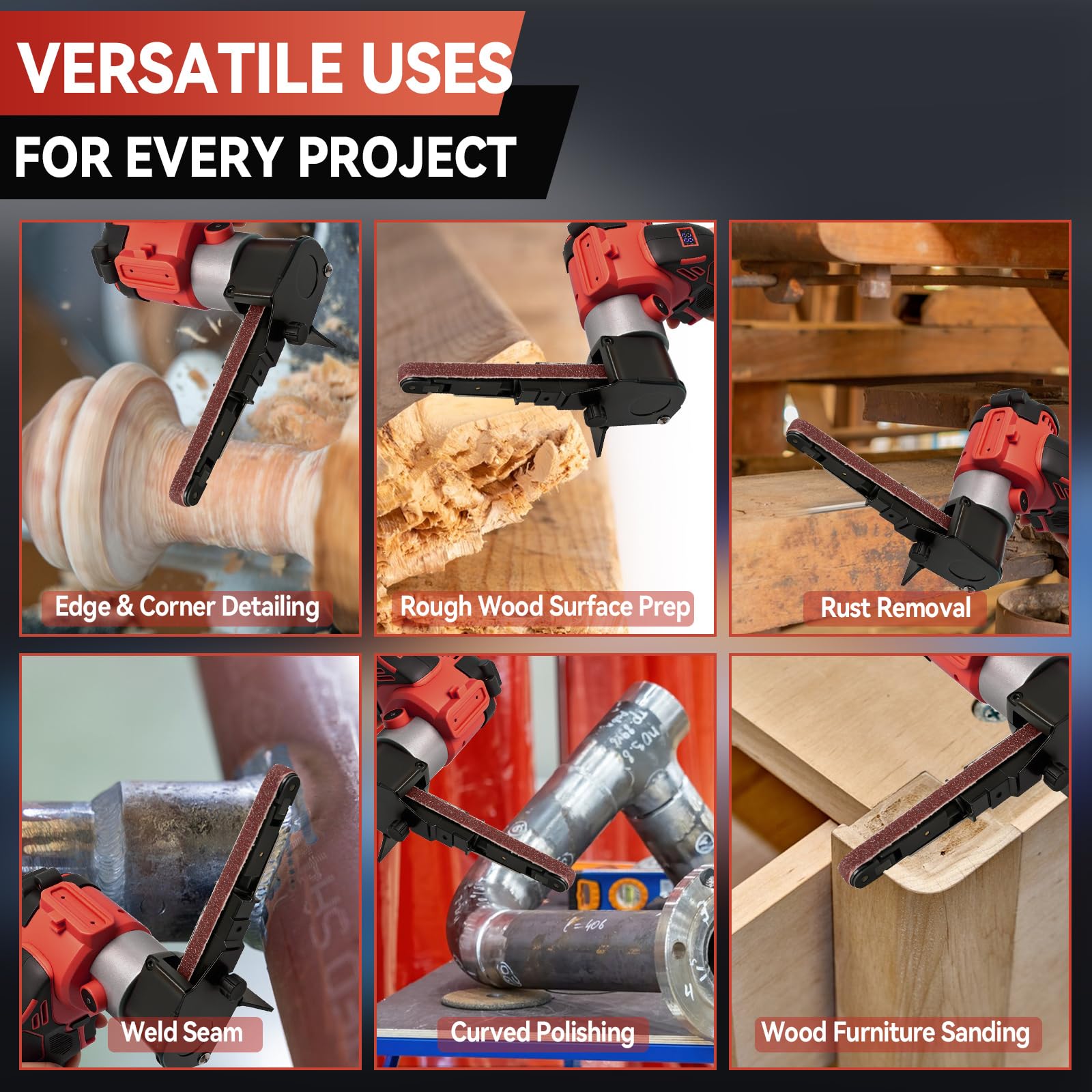 Akku-Bandschleifer Kompatibel mit Milwaukee M18 Akku, 0-13000RPM 360° Einstellbarer Bürstenloser Bandschleifer mit 20 Schleifband für Holz Metall Kunststoff (Rot für Milwaukee)