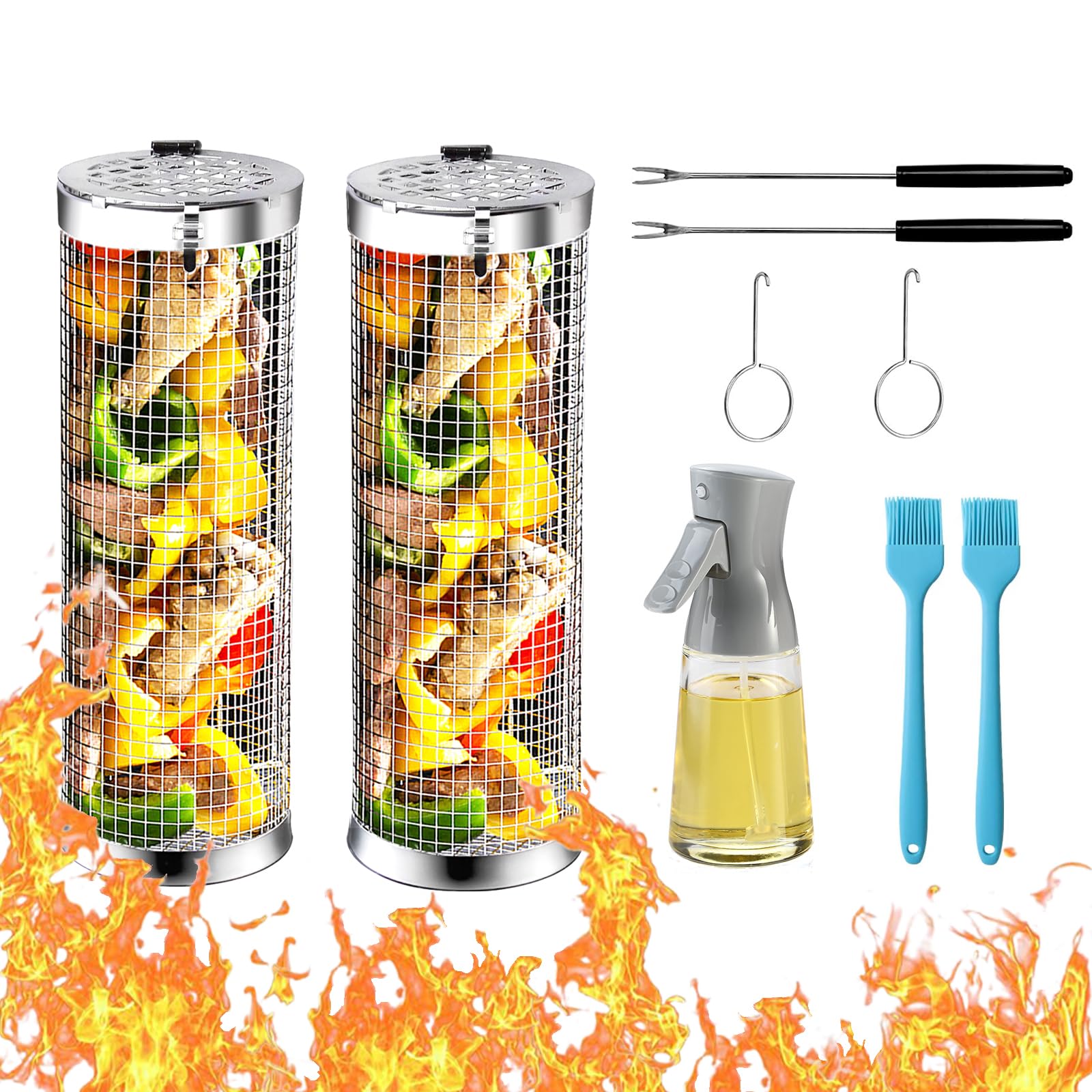 Set 2 Cestelli Per Barbecue In Acciaio Inox Con Manico Legno - Griglia Per Verdure E Carne - Foto 6