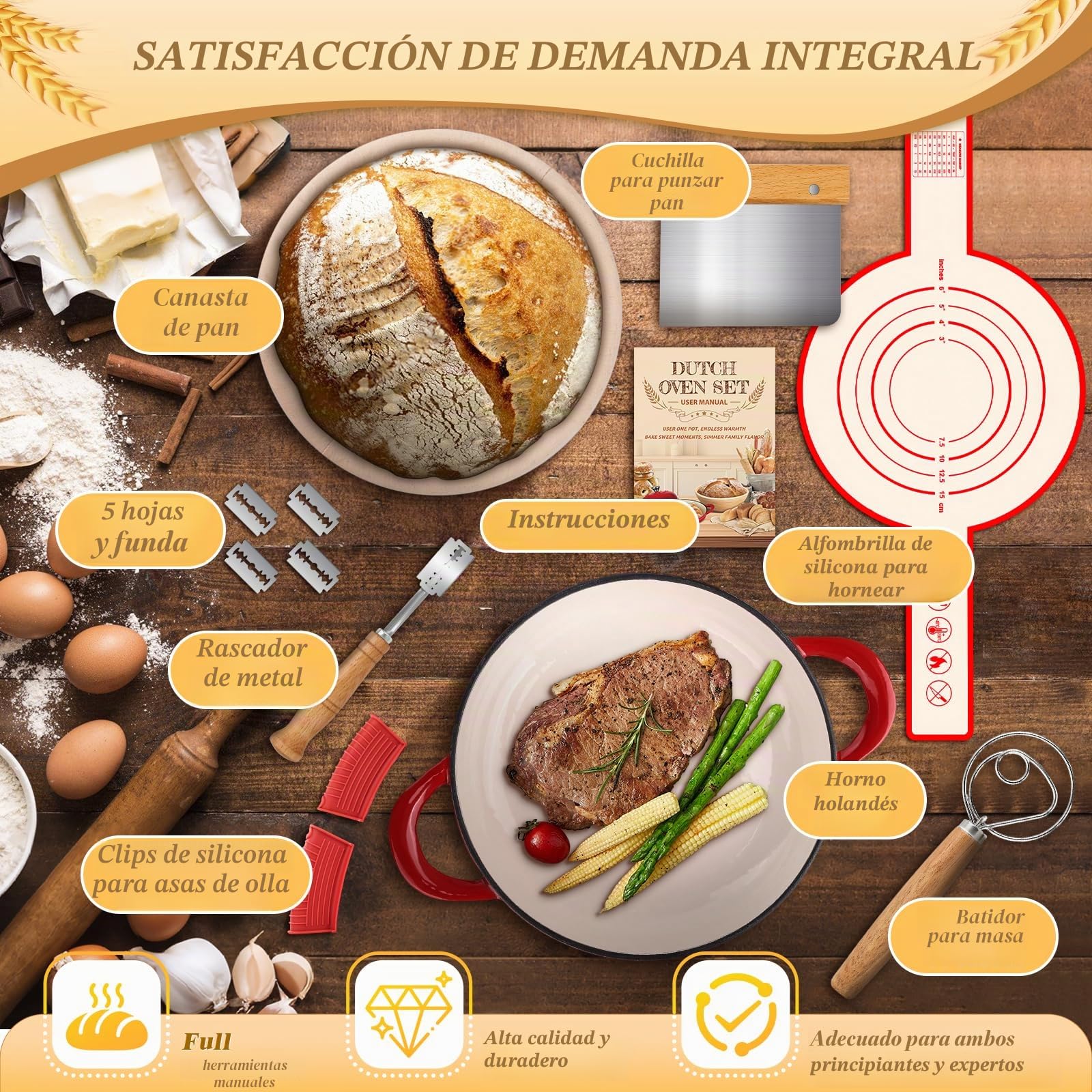 NZQXJXZ Olla de Hierro Fundido, 26cm Cacerola Holandesa de Esmaltado con Tapa, Olla Holandesa para Cocina Casera Hornear con Banetones para Pan