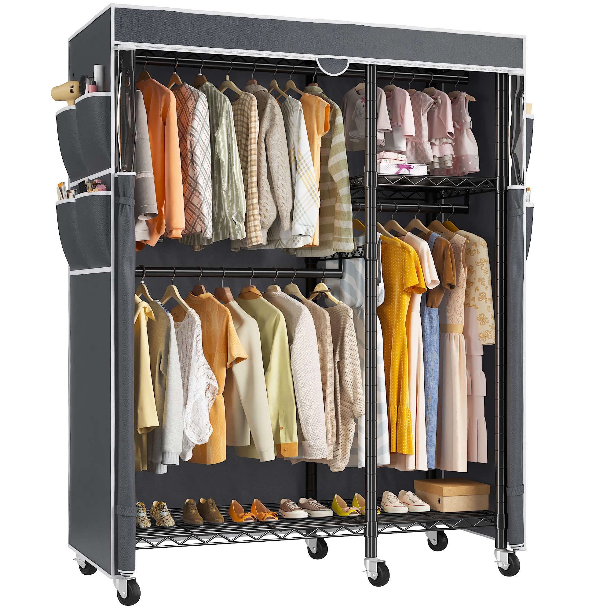 Raybee Clothes Rack with Cover Clothing Racks for Hanging Clothes Heavy Duty Portable Closet with Wheels Rolling Garment