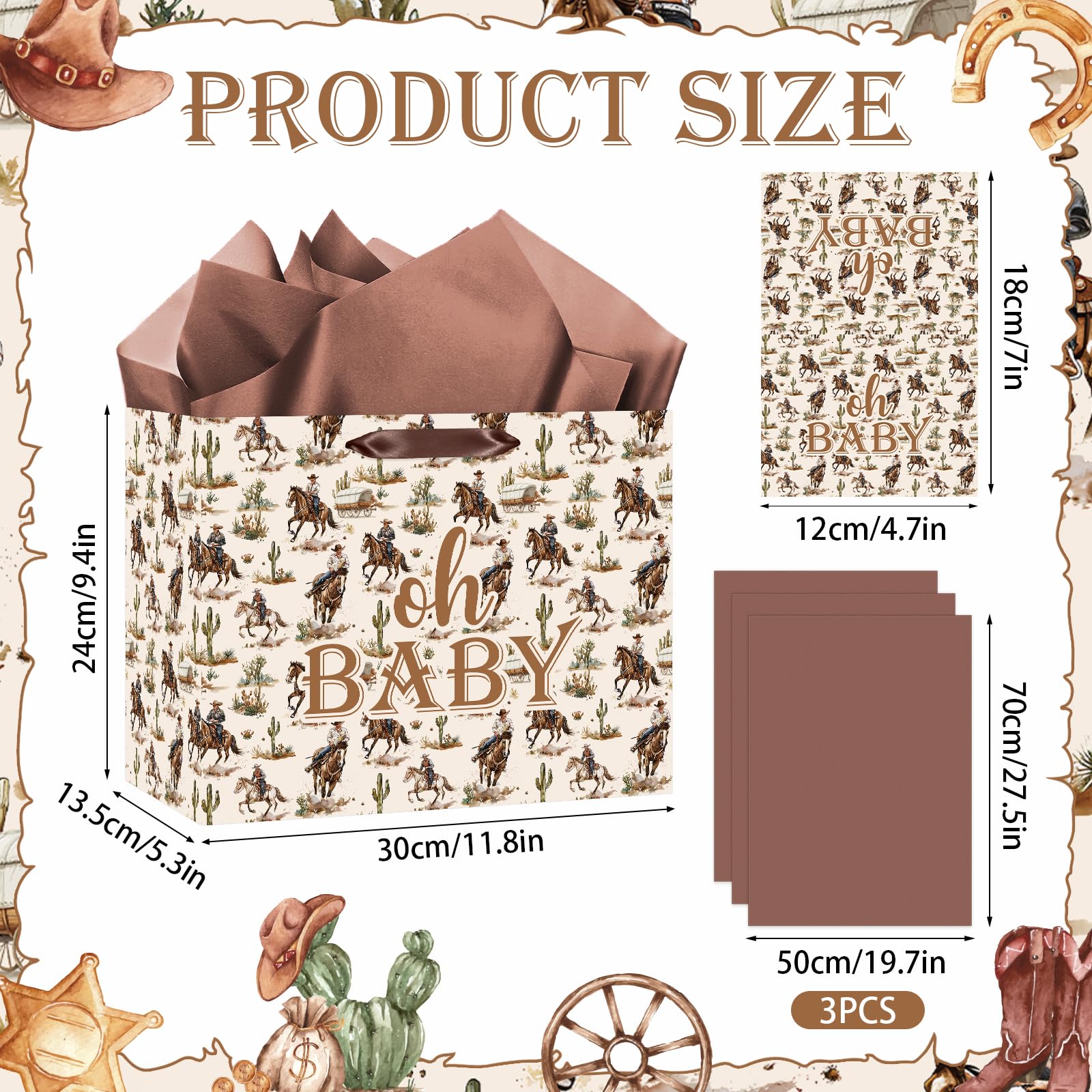 Woosytoo Cowboy Baby Gift Bag with Card Tissue Papers, Western Rodeo Baby Shower Wrapping Paper Bag Wild West Horse Present Bags for Newborn Congratulations Gifts Gender Reveal Party Favors