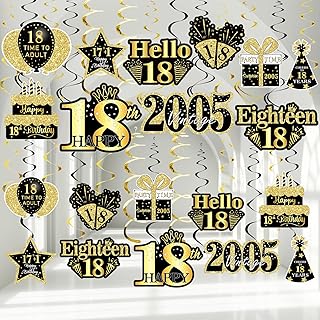 36PCS Black Gold 18th Birthday Decorations Hanging Swirls for Men Women,Happy 18th Birthday Party Supplies Vintage 2005 Foil Swirls,Eighteen Year Old Birthday Ceiling Hanging Decorations Sign Decor