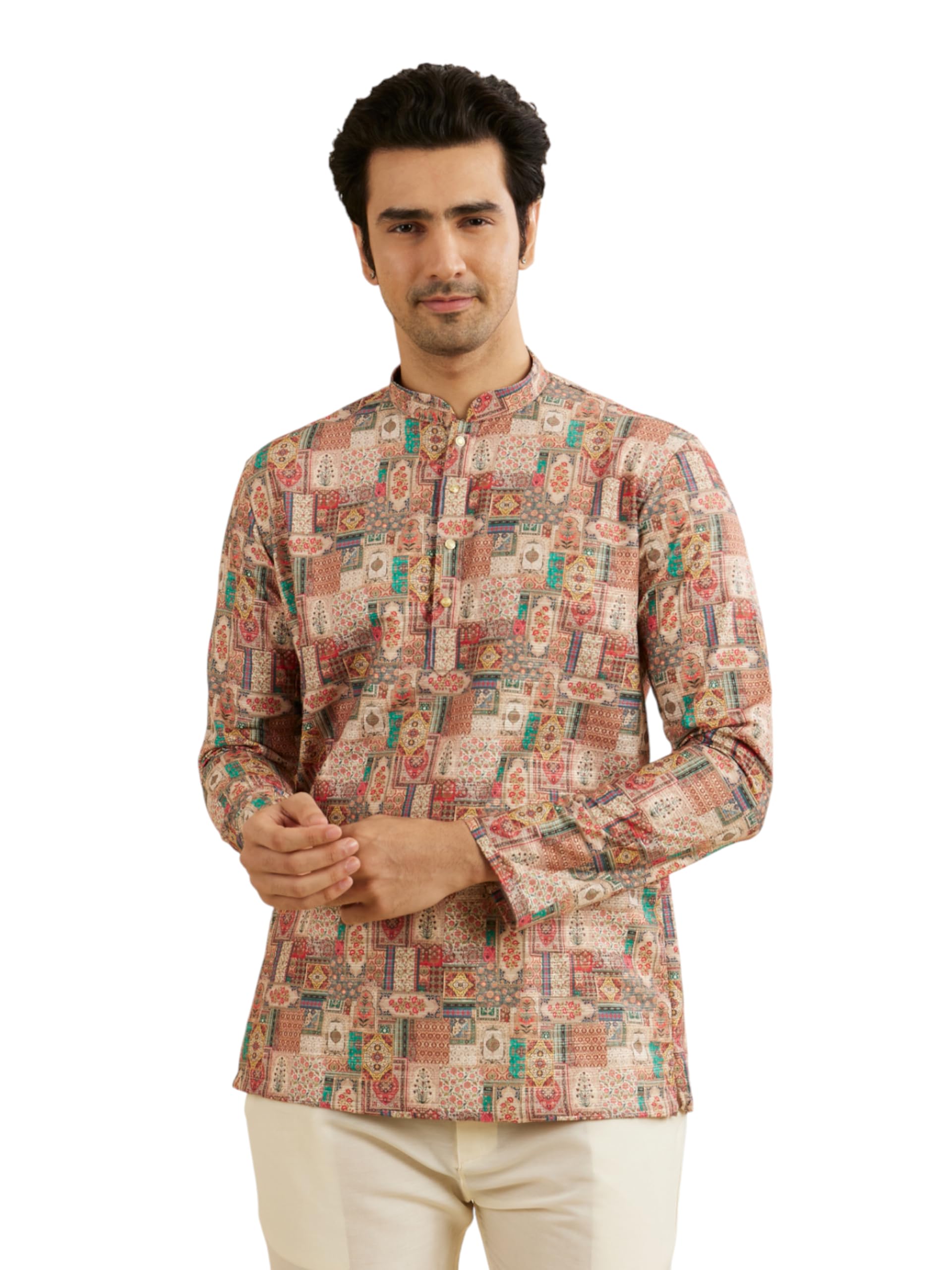manyavar Men's Cotton Abstract Digital Print Short Kurta (1pc)-picture-11