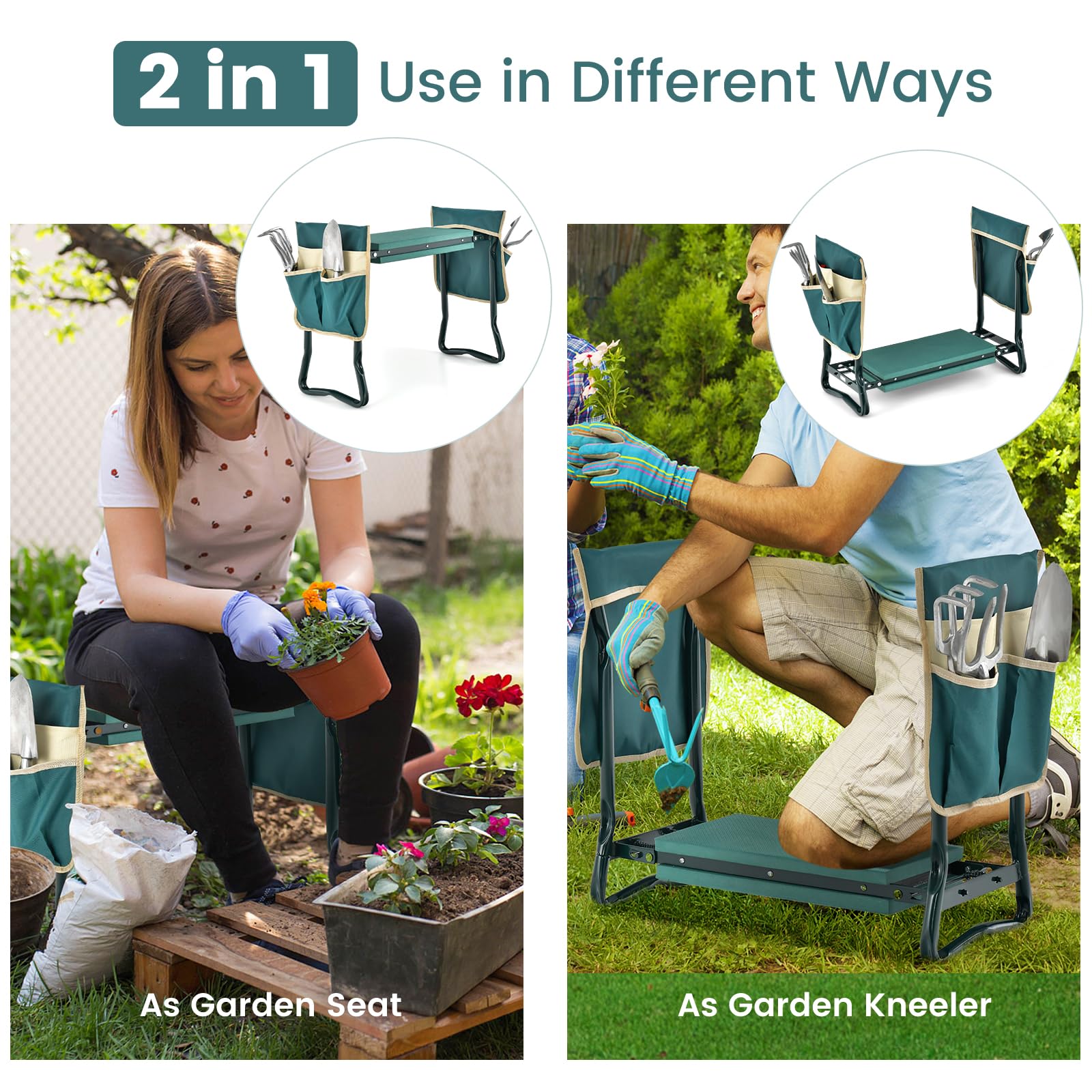 KOMFOTTEU 2 en 1 Banco de Rodilla Plegable, Taburete Arrodillado para Jardinería con Cojín Grueso, Taburete de Trabajo para Arrodillarse y Sentarse, Carga 150 kg (con 2 Bolsa de Herramientas)