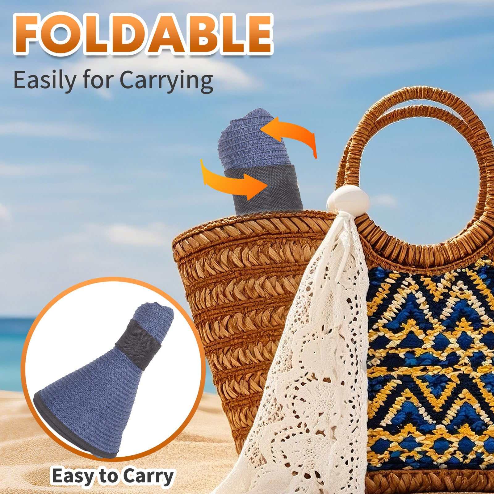 powerking Large Bordure Paille Chapeau de Soleil, Protection UV Chapeau d'été emballable Pliable Disquette Plage Chapeaux de Soleil pour Les Femmes