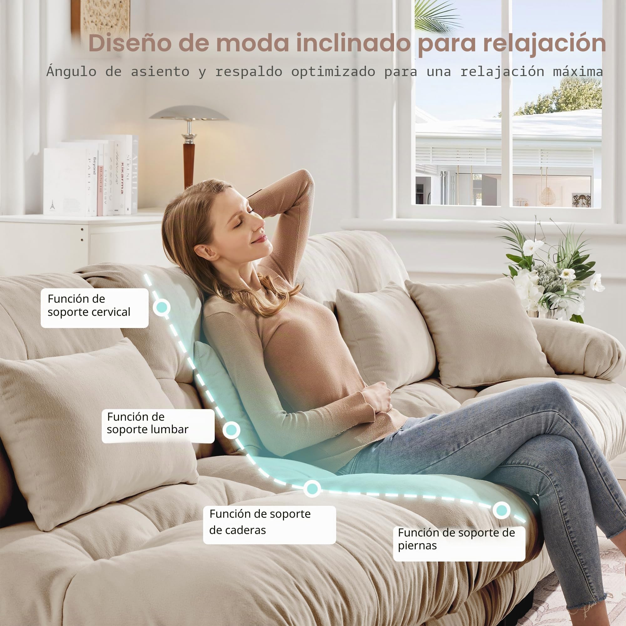 Sofá esquinero convertible moderno de 313 cm, sofá grande convertible de 3 plazas con puf para salón, sofá modular profundo con estructura de madera maciza y revestimiento de chenilla, café claro