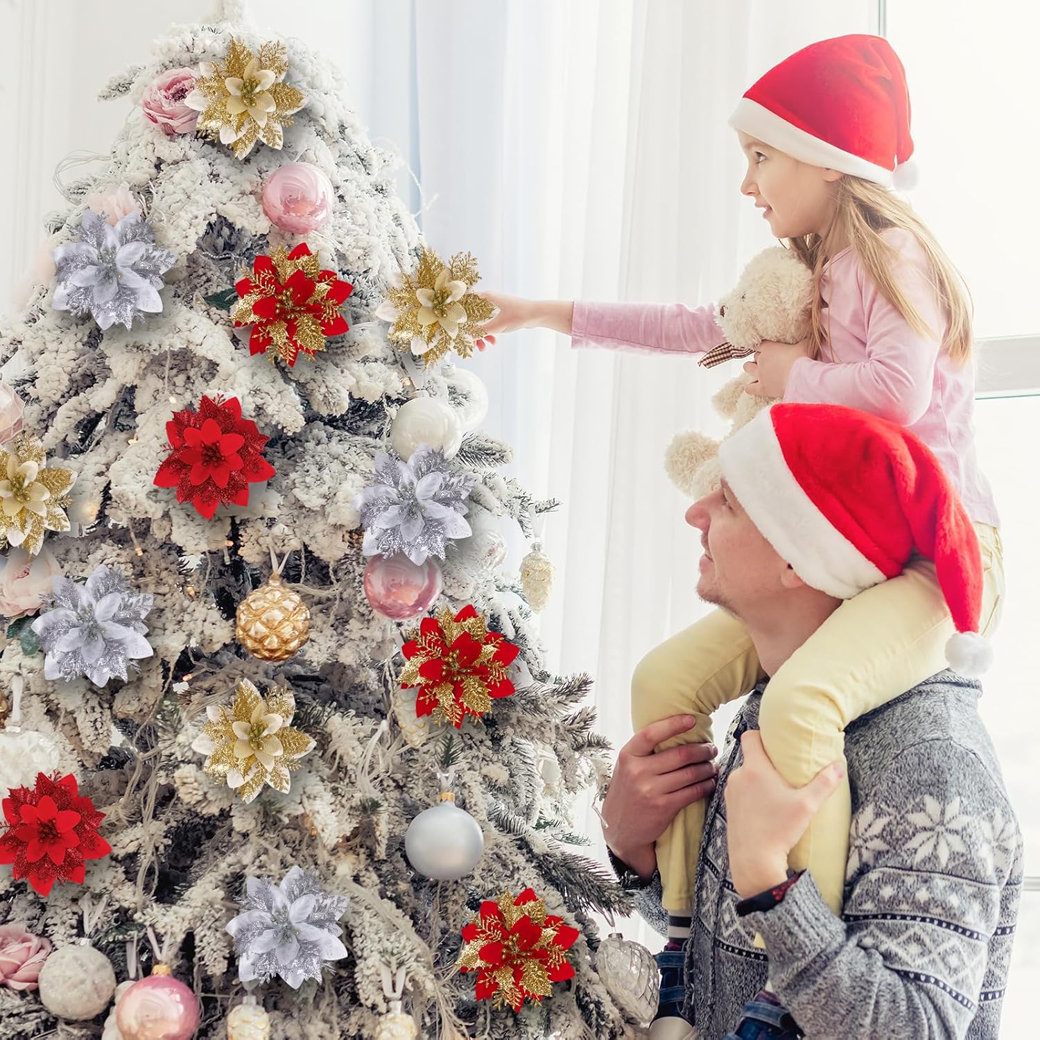 48 Pcs Christmas Poinsettia Artificial Flowers with Clips 5.5" Christmas Tree Wreaths Garland Decoration Glitter Flowers Picks Decor with Stems for DIY Xmas Wreath New Year Holiday Home Party Decor