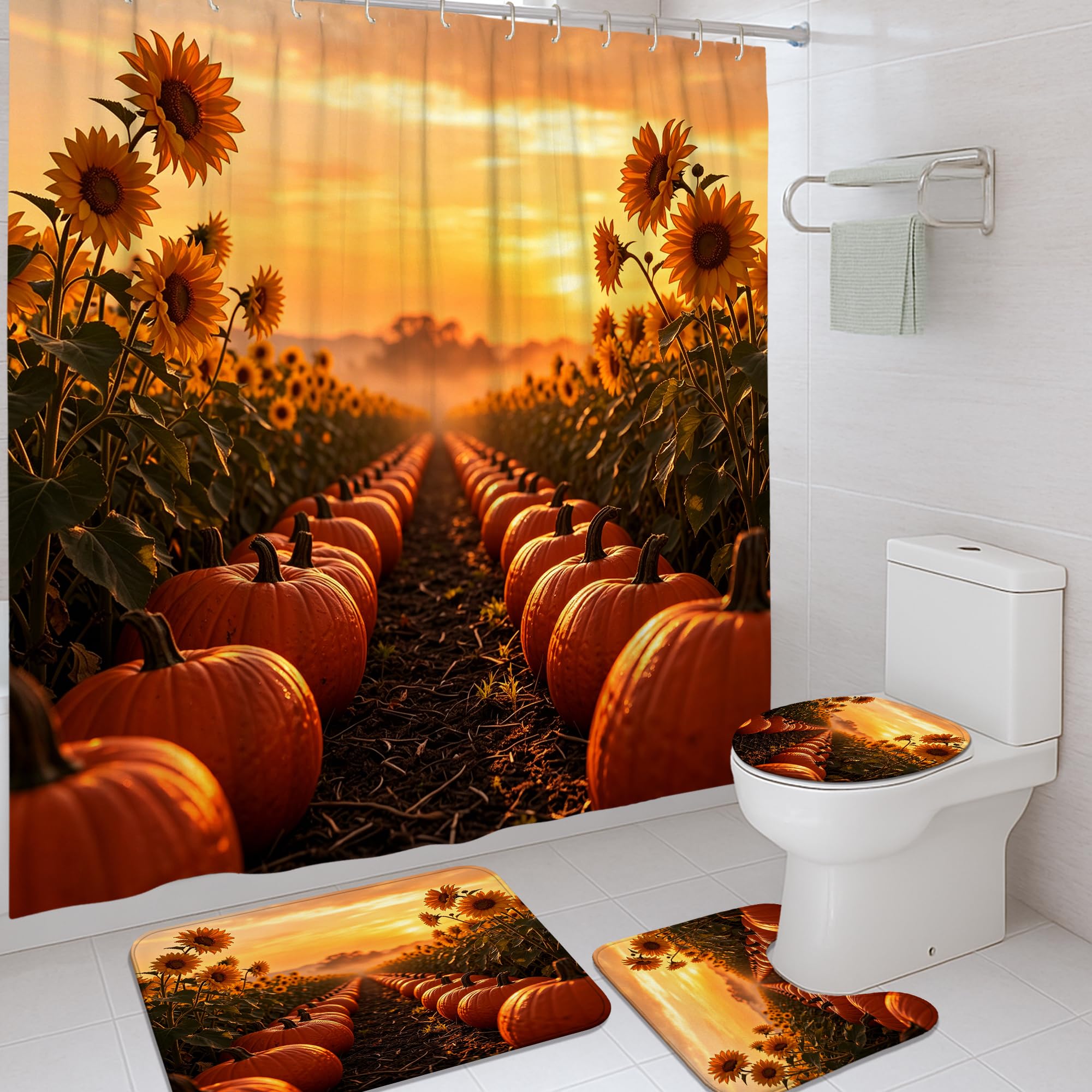 Rideau de douche automne avec tapis pour une salle de bain esprit cottage chaleureux