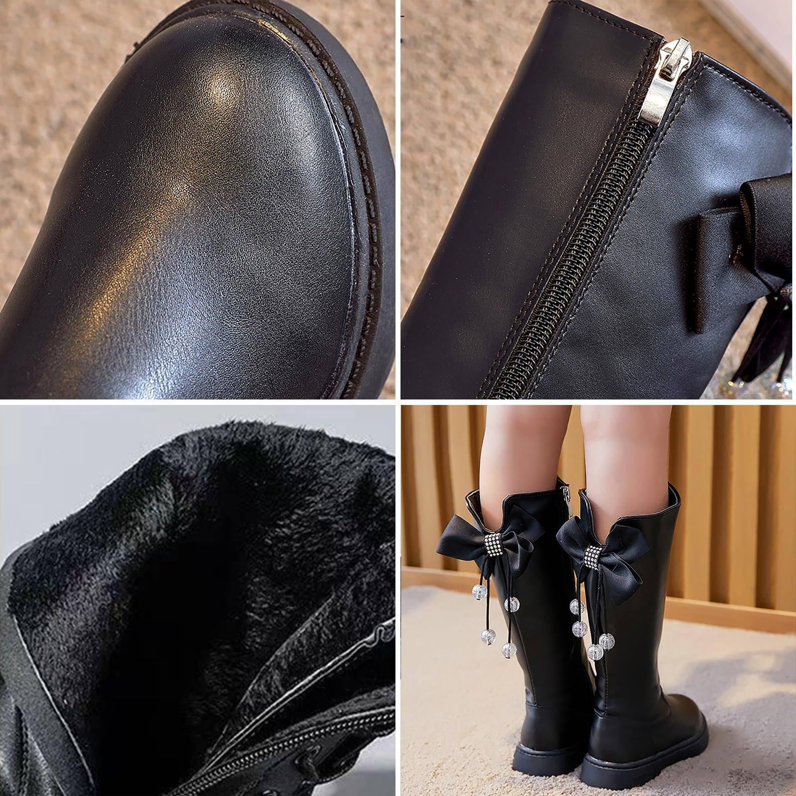 Botas De Montar para NiñAs (27-37), Botas De Montar con Punta Redonda Y Pajarita, Cremallera Lateral, Suela De Goma + Forro CóModo, para OtoñO E Invierno.,CottonShoes-32