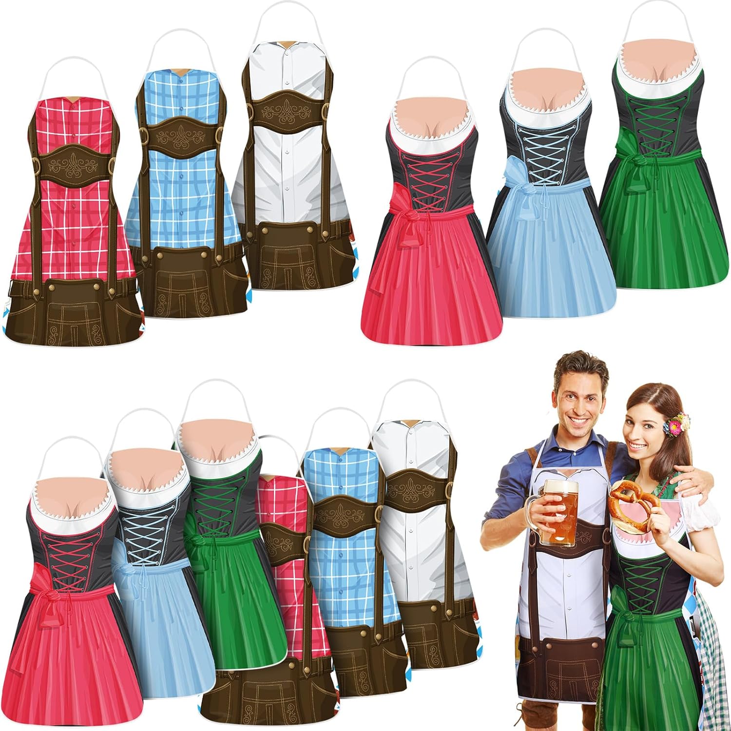 Tigeen Oktoberfest Aprons Dirndl Apron Couples Cooking Aprons German Party Supplies Bavarian Costume(12 Pcs)
