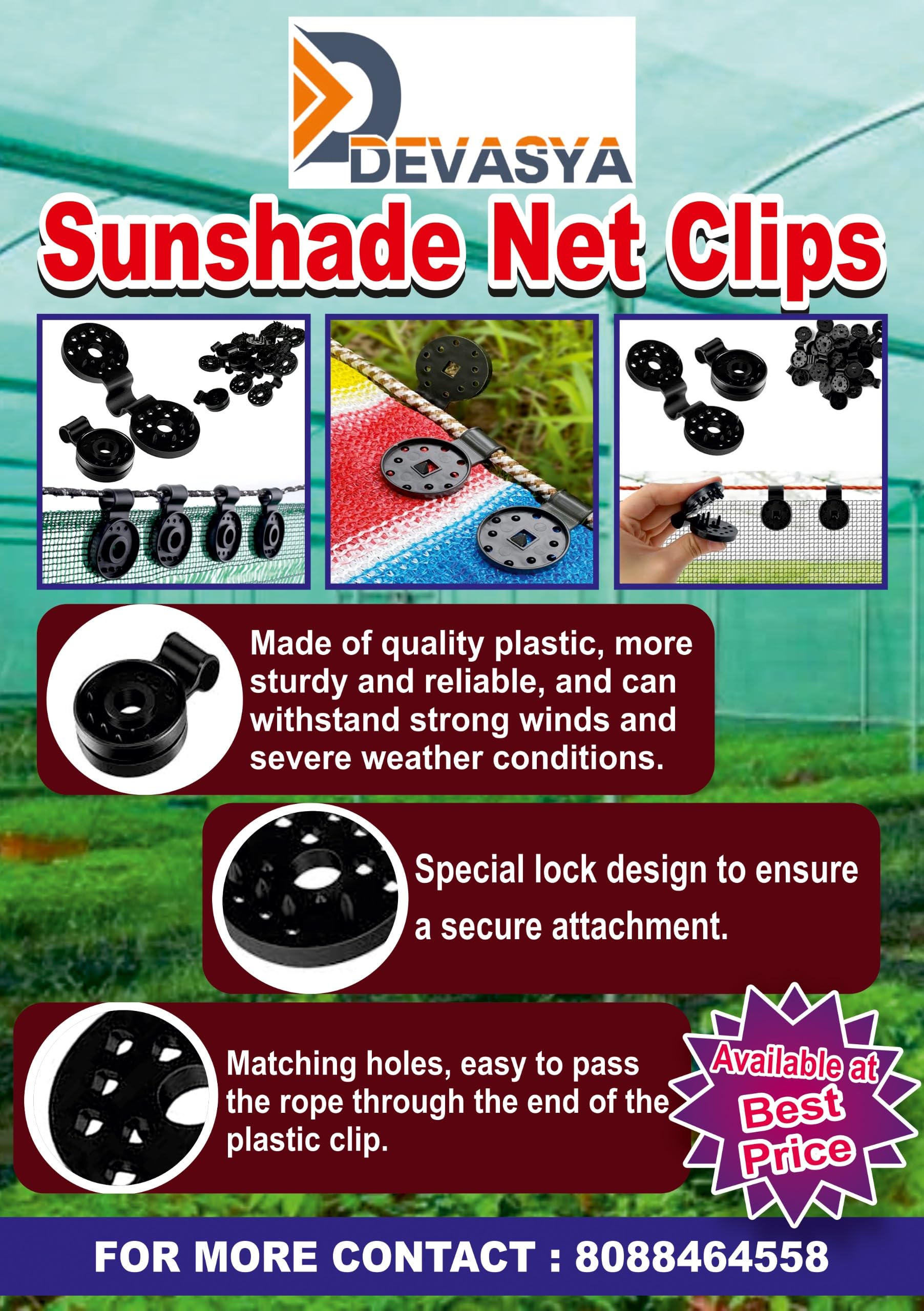 DEVASYA Clip for Fixing Net Cover in Place | Shade Cloth Plastic Clips | Netting Clips for Greenhouse Garden Anti Bird Netting Agricultural Sunshade Fabric Accessories (100 Piece)