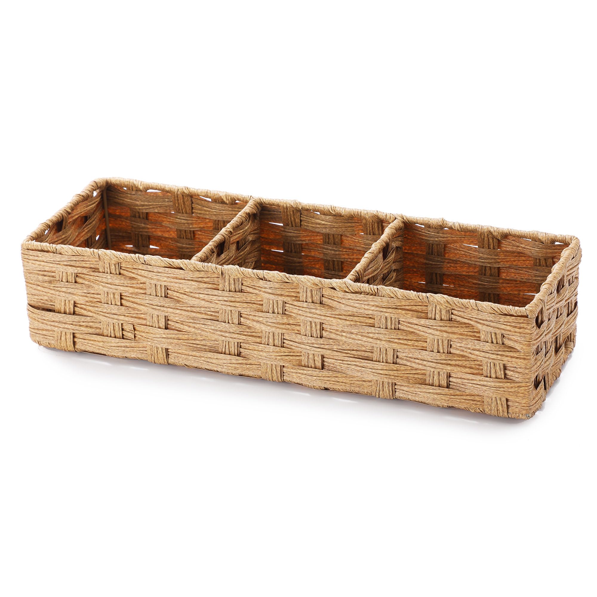 Toilet Tank Topper Paper Basket Multiuse Hand Woven Plastic Wicker Basket Bins with Divider for Shelves Rustic Farmhouse Bathroom Decor Countertop Light yellow