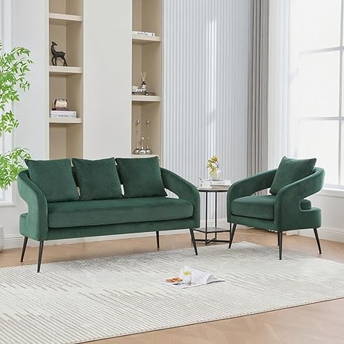 Miniatura 14 de Juego de 1 sofá biplaza pequeño y 2 sillas decorativas, juego de sofá y sillón de 3 piezas para sala de estar, moderno sofá de terciopelo con silla
