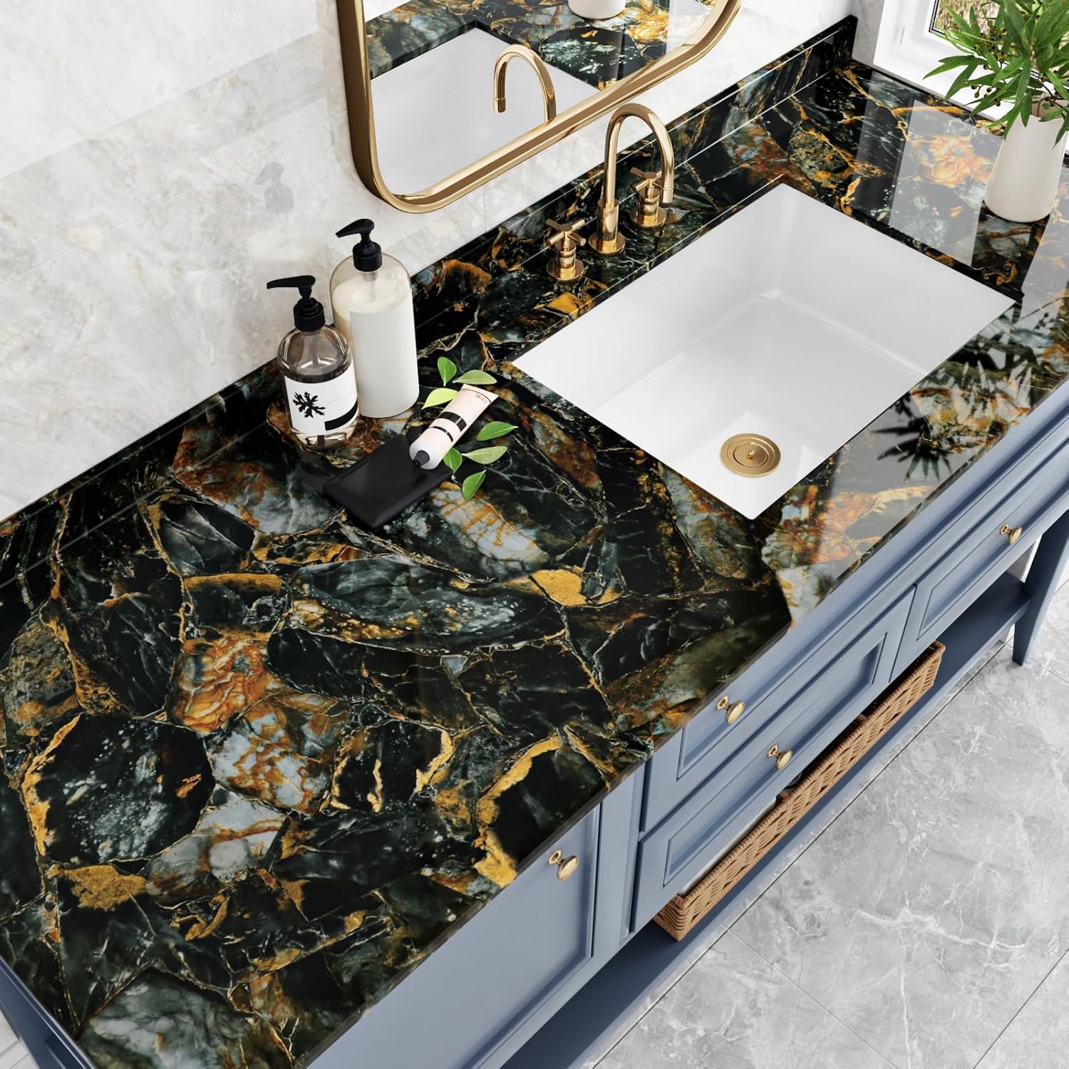 17.7"x315" Black Gold Marble Wallpaper Peel and Stick Countertops Decorative Marble Contact Paper for Countertops Waterproof Countertop Contact Paper for Cabinets Drawers Kitchen Living Room Table
