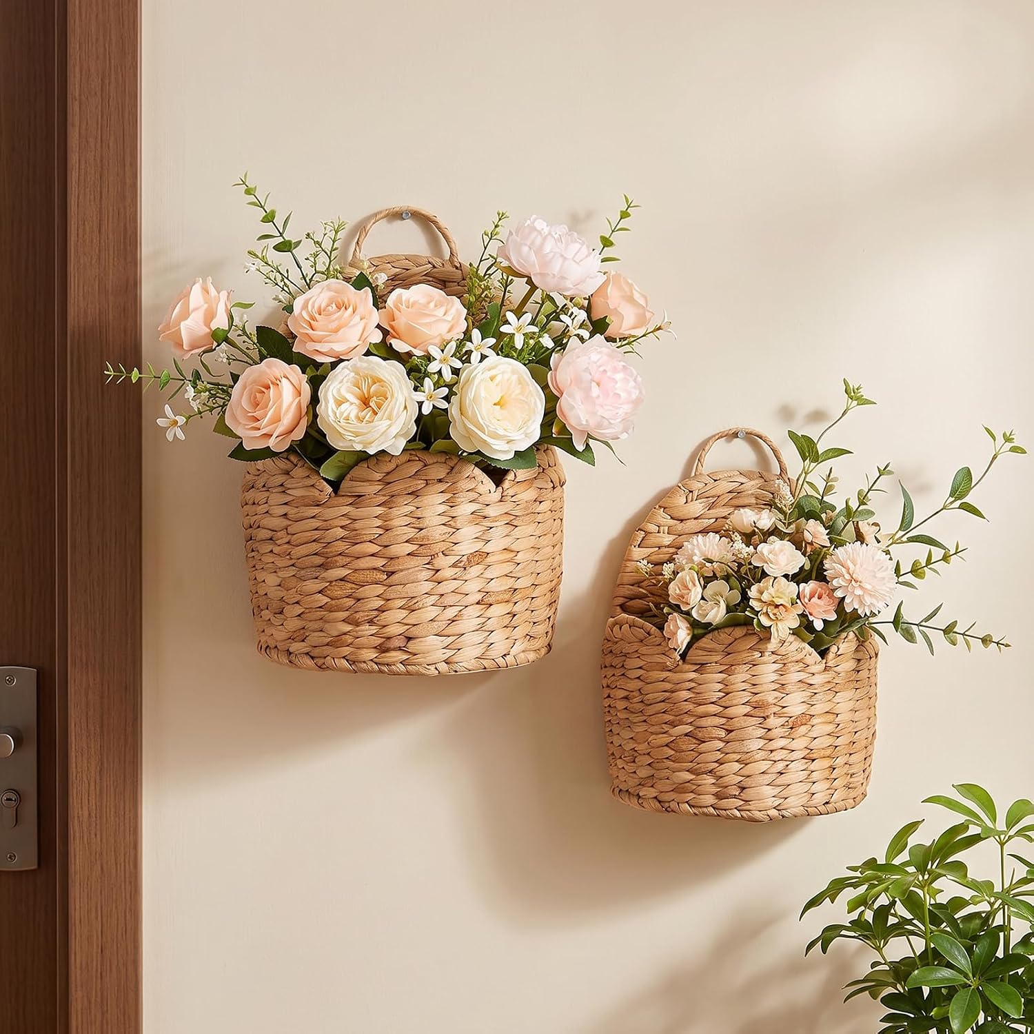 2Pcs Scalloped Wall Baskets, Handwoven Water Hyacinth Hanging Storage, Boho Farmhouse Wall Decor