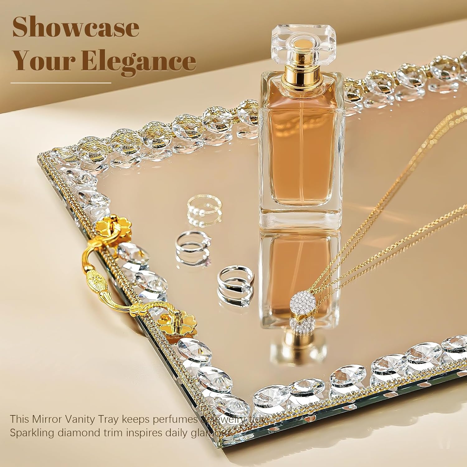 kanpura Large Crystal Tray Modern Glass Mirror Jewelry Trinket Trays with Diamond, 14.7" x 10.8" Rectangular Makeup Perfume Tray for Bathroom Bedroom, Hotel Banquet, Party (Golden)